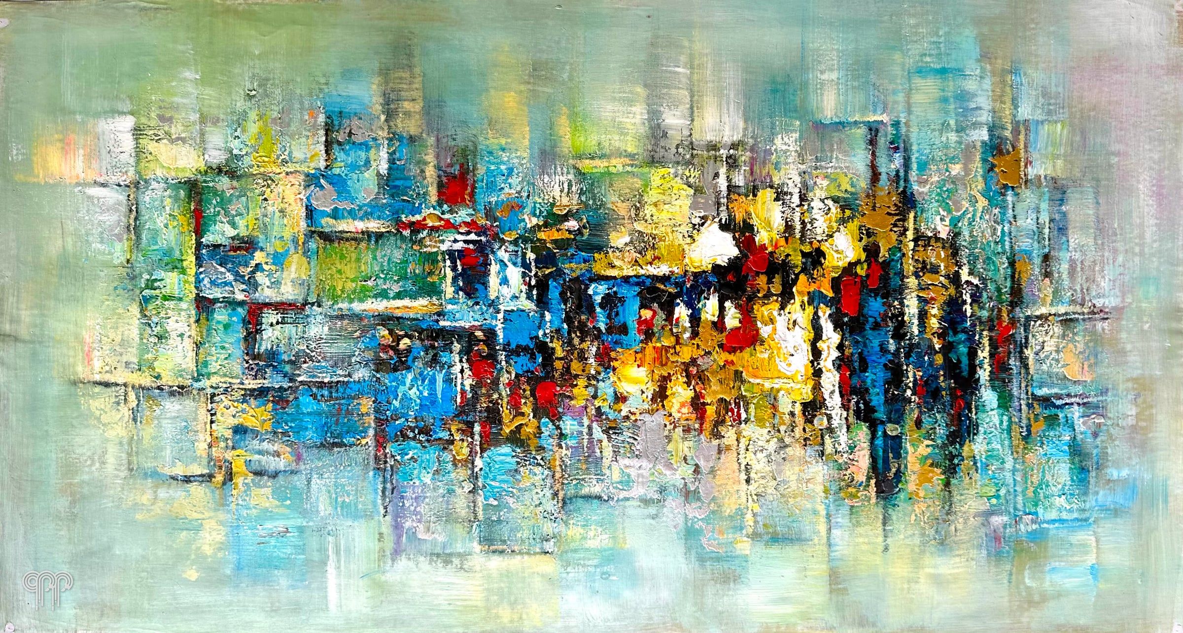 Ölgemälde Grüne Abstraktion - breites abstraktes Bild fürs Wohnzimmer, Panoramabild, Türkis und Grün, bunte Flächen wie Stadtlichter, abstraktes Bild mit Struktur, 120 x 60 cm