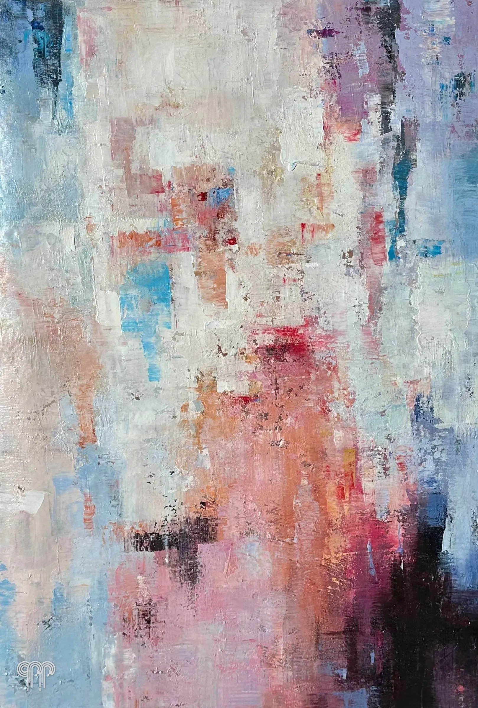 Obraz olejny Abstrakcja - nowoczesny obraz do salonu, biel, róż i błękit, pionowe plamy i smugi farby, 60 x 90 cm