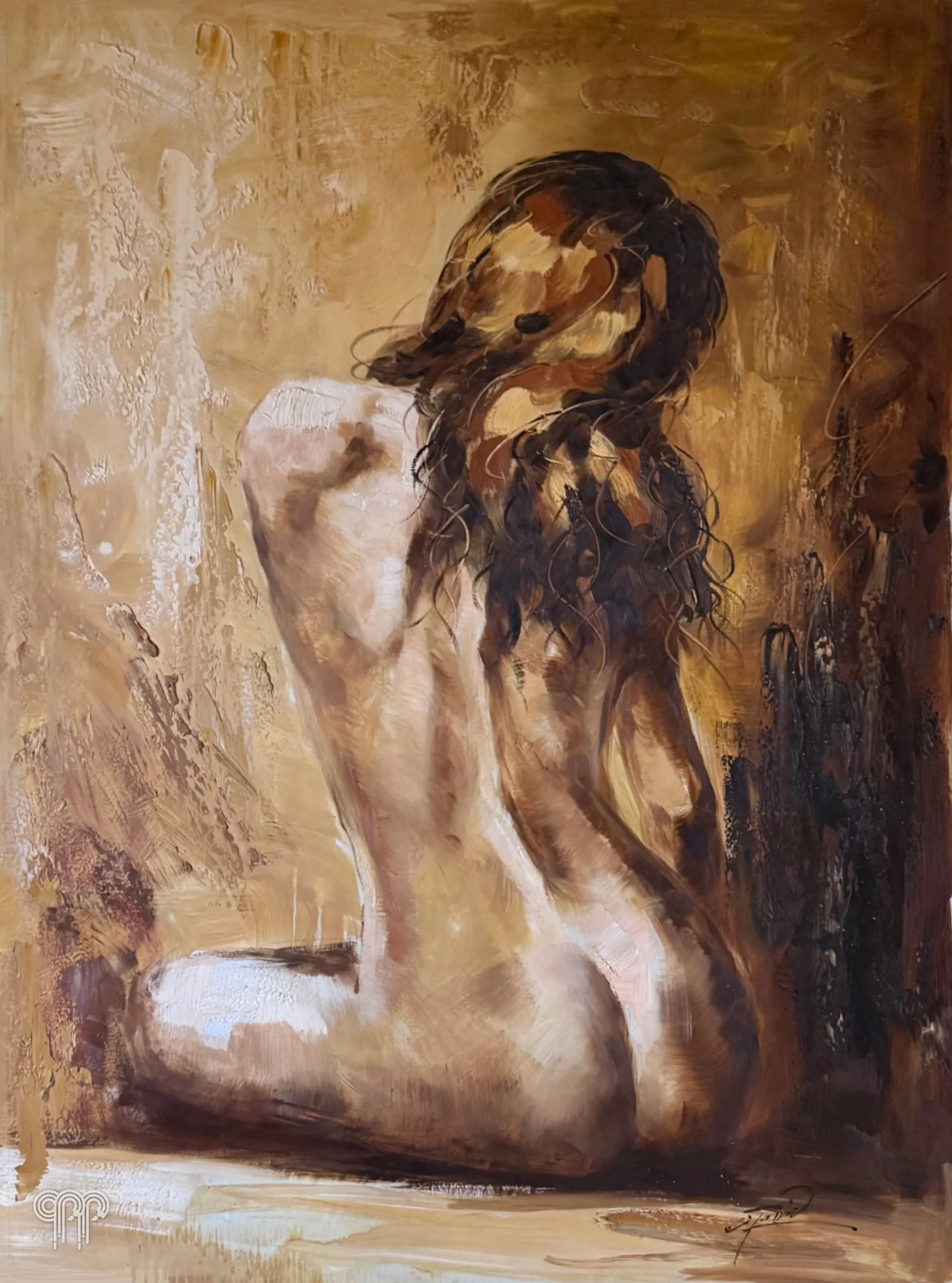 Obraz olejny Akt kobiecy - duży obraz do sypialni nad łóżko, kobiecy akt od tyłu, ciepłe brązy i beże, sepia, malowany szpachlą, 90 x 120 cm