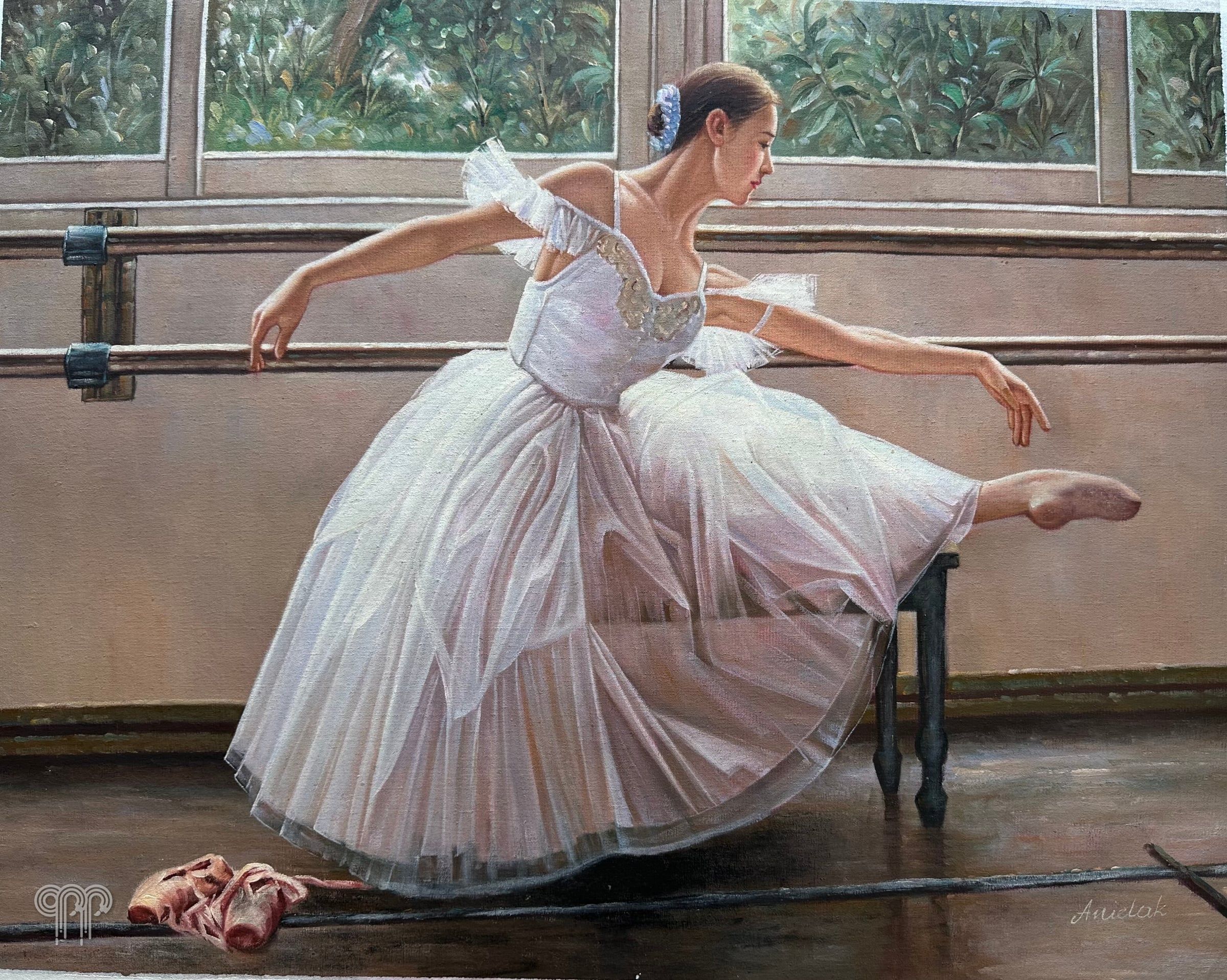 Ölgemälde Ballerina I - Ballerina im weißen Tüllkleid an der Stange, Ballettsaal, rosa Spitzenschuhe, Bild fürs Mädchenzimmer, Tänzerin, sitzende Ballerina, 90 x 60 cm