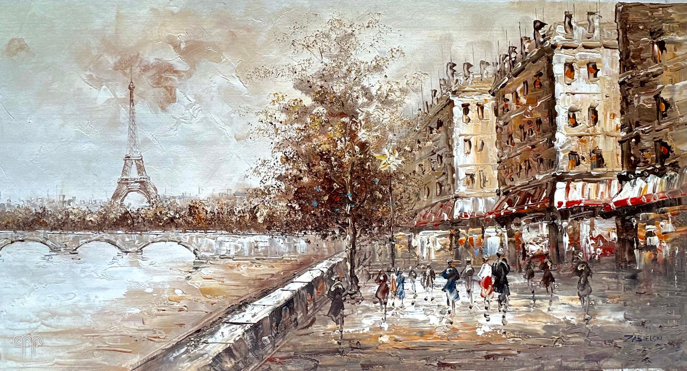 Ölgemälde Entlang der Seine - Panoramabild, großes Bild fürs Wohnzimmer, über dem Sofa oder der Eckcouch, Sepia, Boulevard an der Seine, Eiffelturm, Spaziergänger, Ansicht von Paris, Impressionismus, 120 x 60 cm