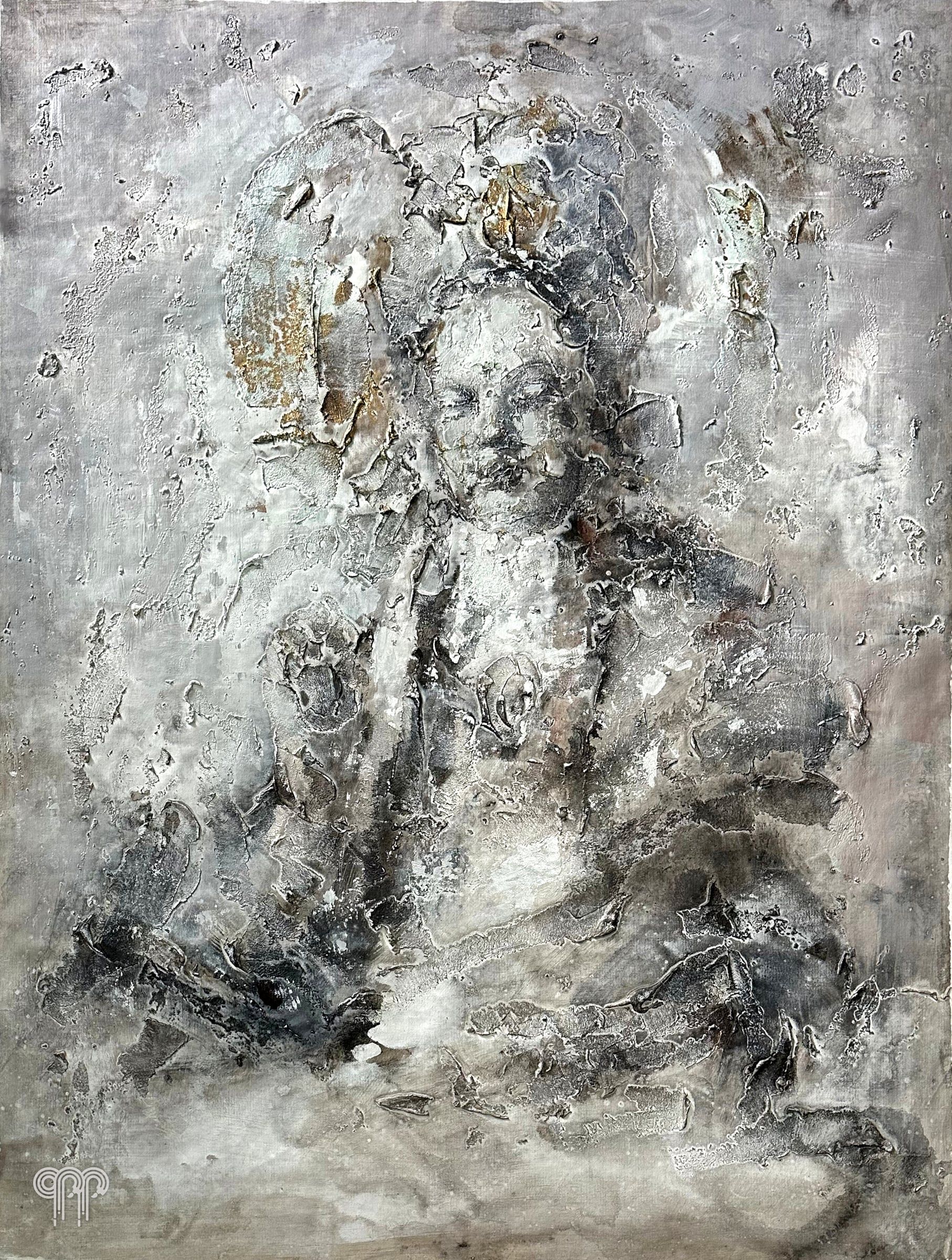 Ölgemälde Buddha - Grautöne mit einem Hauch Gold, grau-gold, dicke Spachtelstruktur, ruhige Stimmung, großes Buddha-Bild, buddhistische Kunst, indisch, orientalisch, 90 x 120 cm