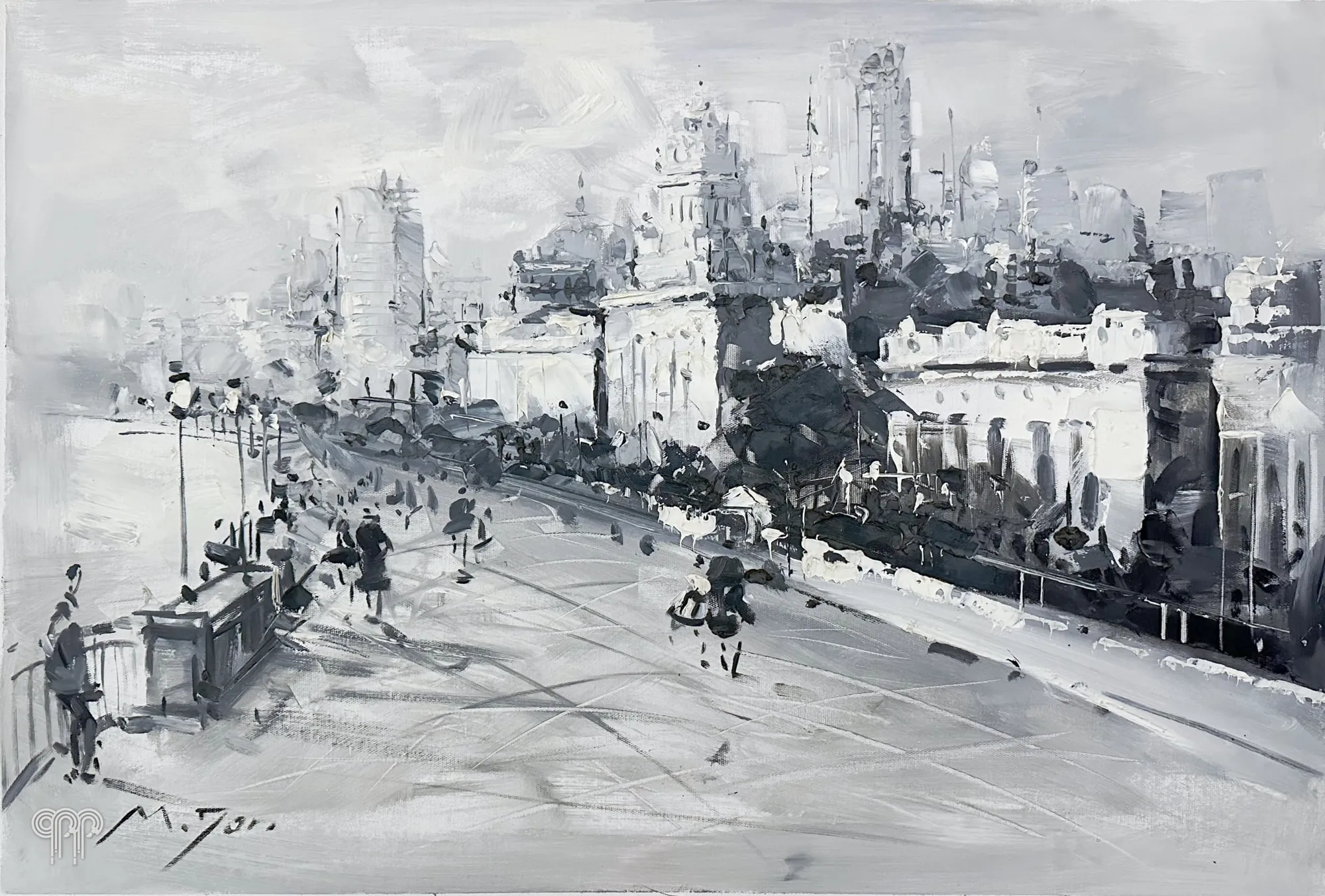 Obraz olejny Czarno-białe miasto - czarno biały obraz olejny, obraz z grubą fakturą, impresjonizm, monochromatyczny widok miasta, bulwar z przechodniami, 90 x 60 cm