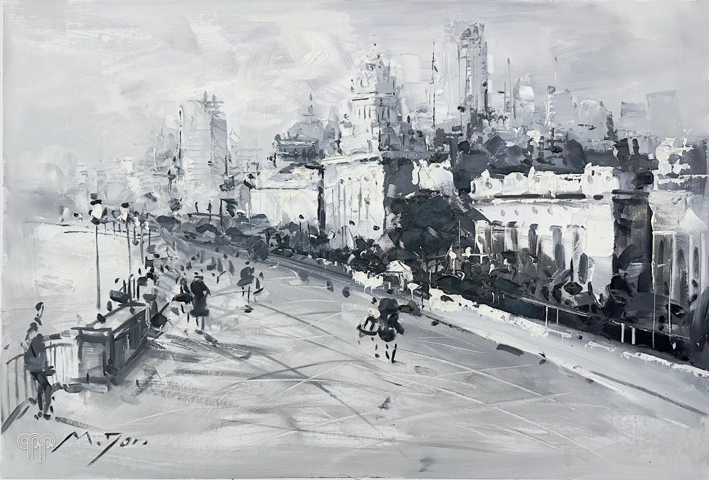 Ölgemälde Stadt in Schwarz-Weiß - schwarz-weißes Ölgemälde, dicke Struktur, Impressionismus, monochrome Stadtansicht, Promenade mit Passanten, 90 x 60 cm