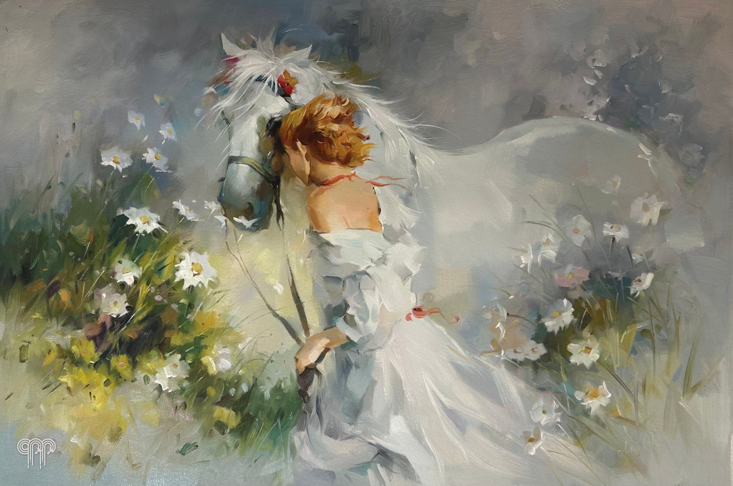 Ölgemälde Dame mit weißem Pferd - romantisches Bild fürs Schlafzimmer, zart, Frau in Weiß schmiegt sich an ein weißes Pferd, Margeriten, Pastellfarben, 90 x 60 cm