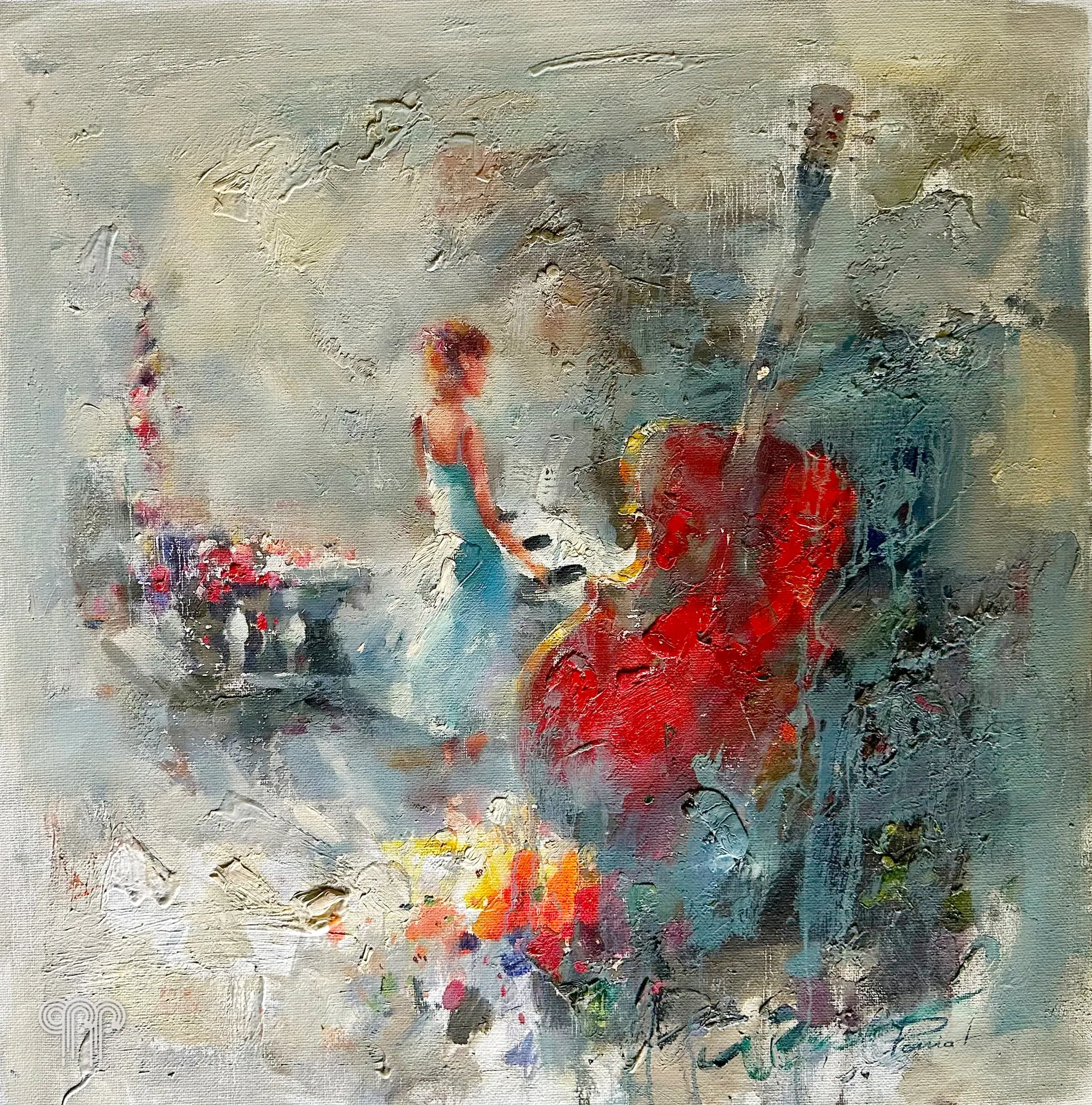 Ölgemälde Duett - Frau und roter Kontrabass, Musik, impressionistische Grau- und Blautöne, Bild für Musiker, mit Instrumenten, Bild fürs Wohnzimmer, quadratisch, 90 x 90 cm