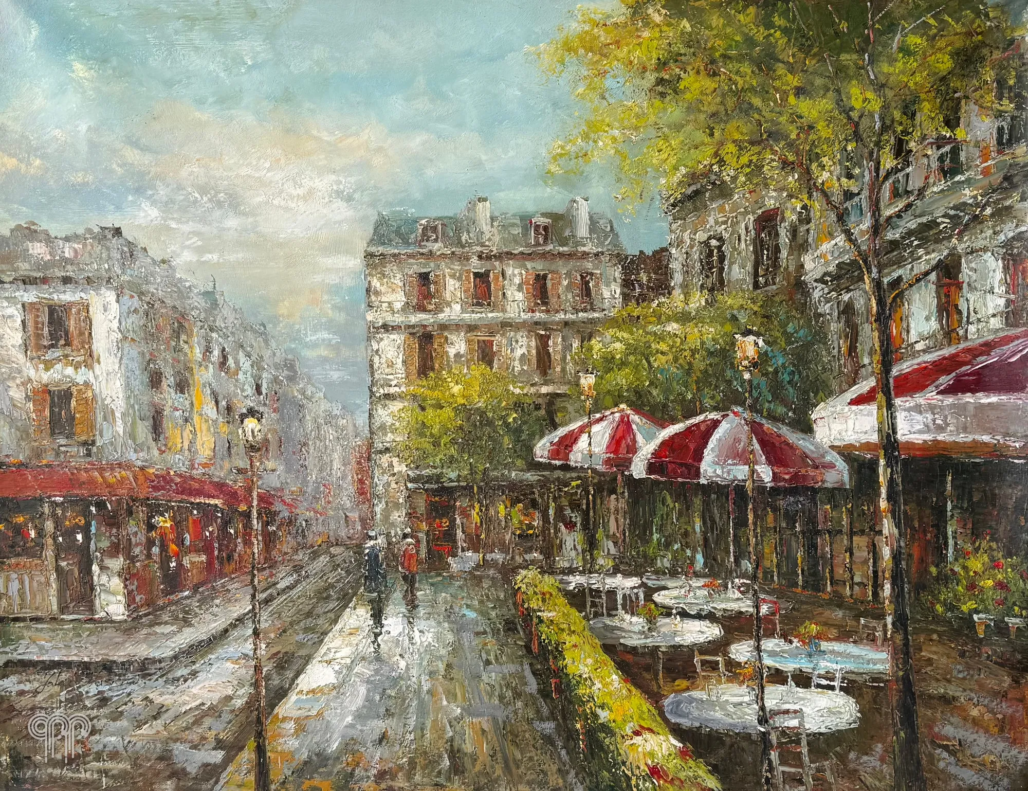 Obraz olejny Kawiarenki - duży obraz do salonu, stoliki z czerwonymi parasolami, miasto w deszczu, kamienice, impresjonizm, obraz impresjonistyczny, 120 x 90 cm