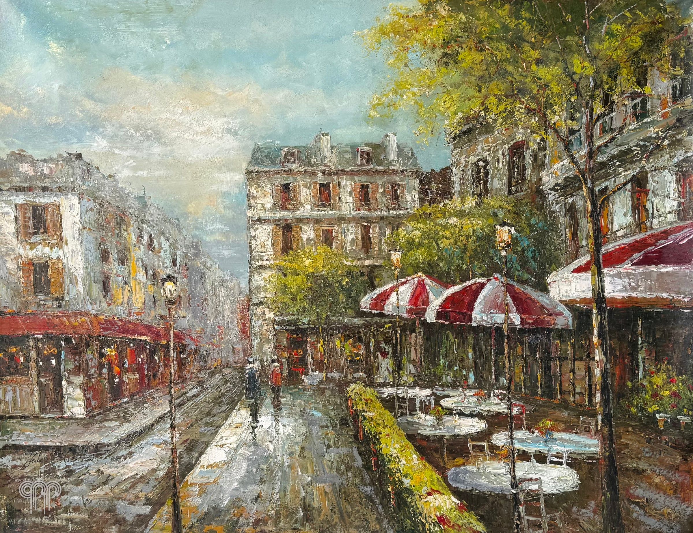 Ölgemälde Cafés - großes Bild fürs Wohnzimmer, Cafétische mit roten Schirmen, Stadt im Regen, Stadthäuser, Impressionismus, impressionistisches Gemälde, 120 x 90 cm