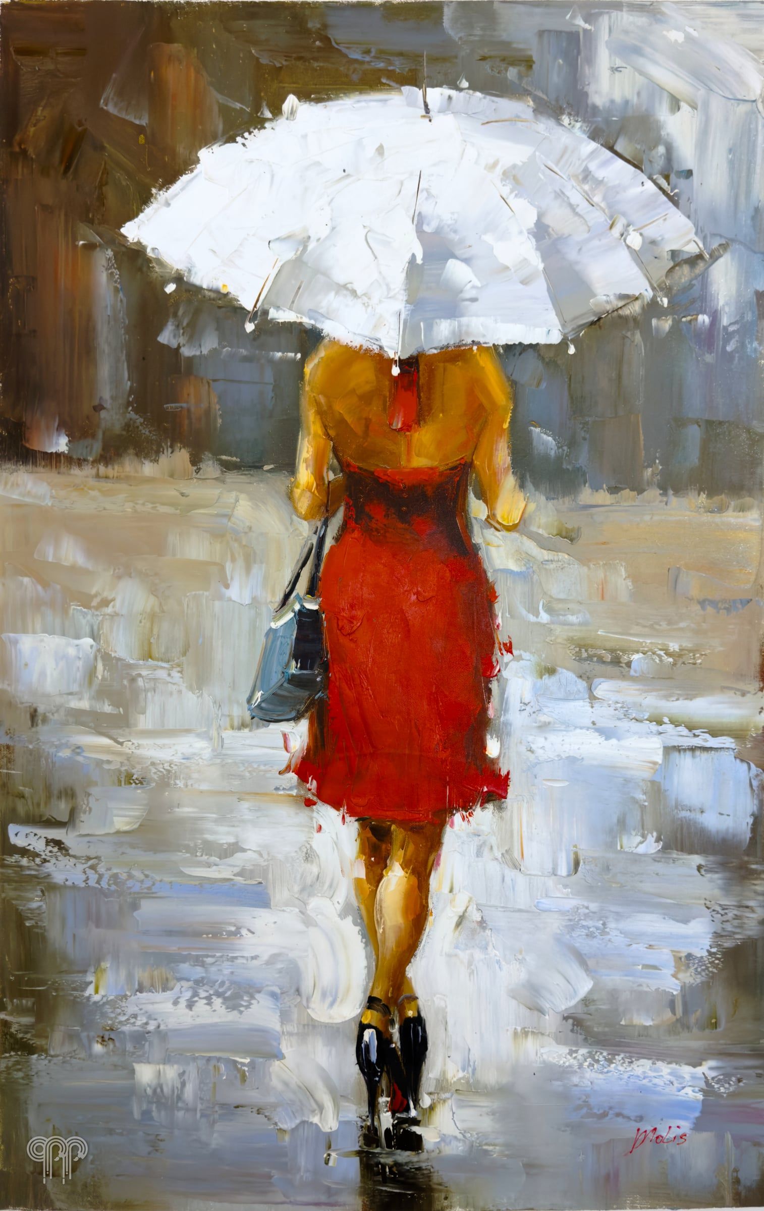 Ölgemälde Frau mit Regenschirm I - Bild fürs Wohnzimmer, Frau im roten Kleid mit weißem Regenschirm, Stadt im Regen, zeitgenössisches Gemälde, Dame mit Schirm, 60 x 100 cm