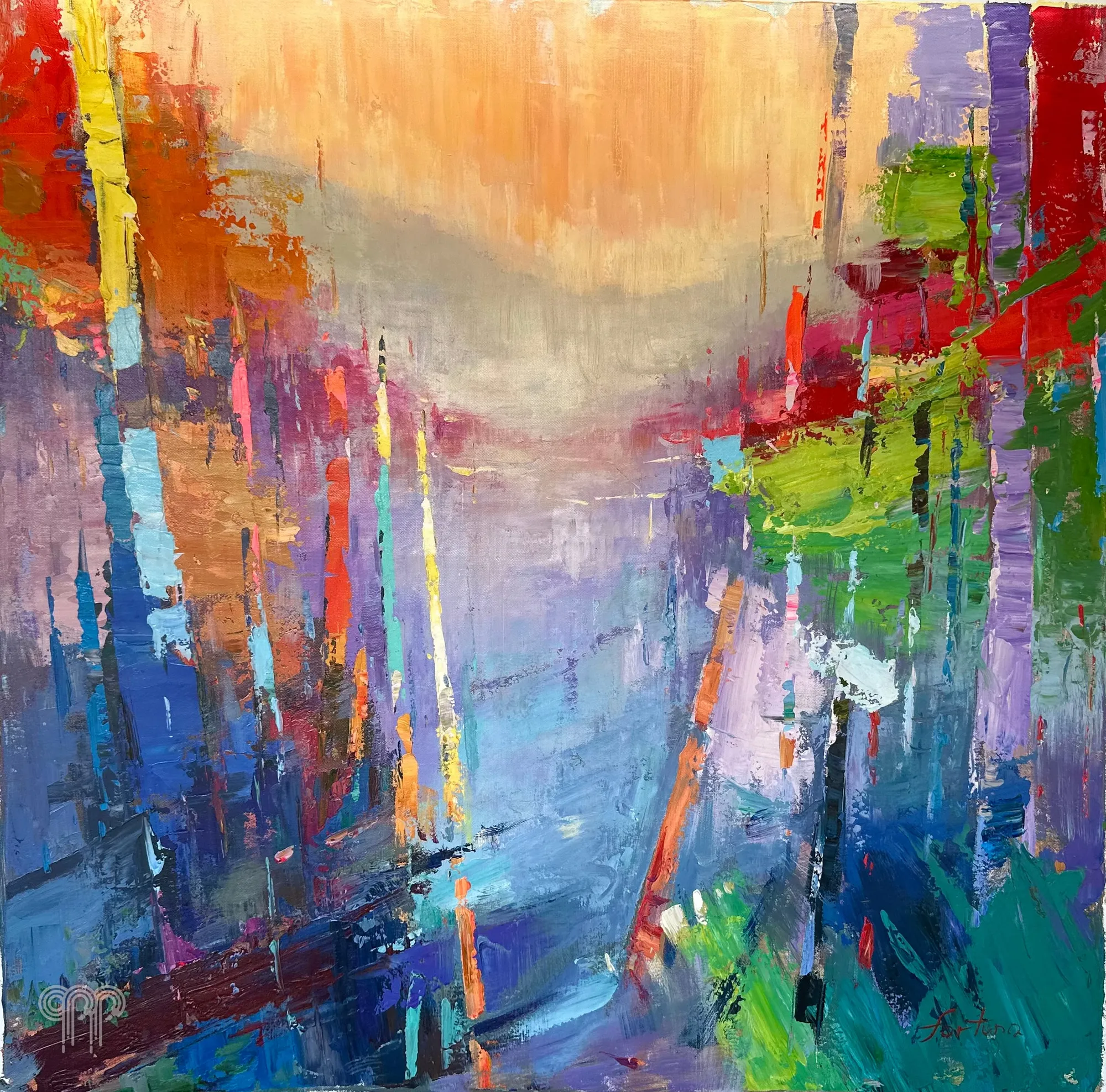 Ölgemälde Bunter Wald - großes Bild fürs Wohnzimmer, bunte Abstraktion, Spachtelmalerei, Farbstruktur, abstrakte Bäume, senkrechte Striche in Rot, Blau und Grün, 100 x 100 cm