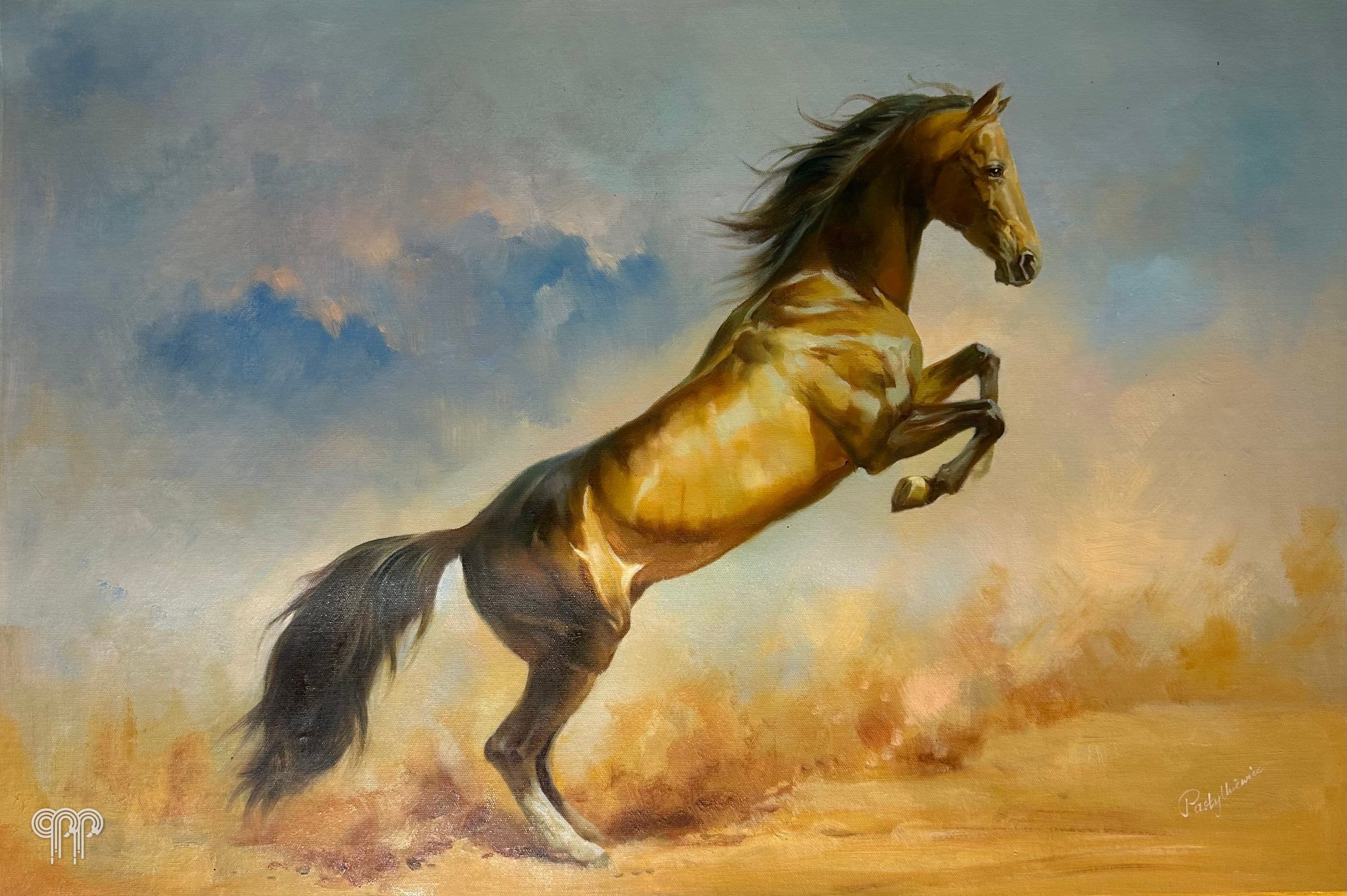 Ölgemälde Pferd I - braunes Pferd bäumt sich auf, goldener Staub, Pferdebild, Pferdeporträt, realistisch, 90 x 60 cm