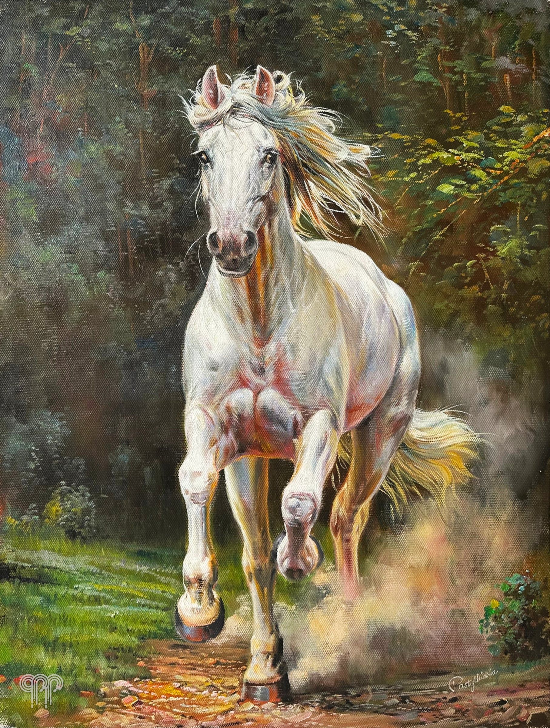 Ölgemälde Pferd im Galopp I - großes Pferdebild, Pferdeporträt, Pferdebild auf Leinwand, weißes Pferd galoppiert auf einem Waldweg, Staub unter den Hufen, 90 x 120 cm