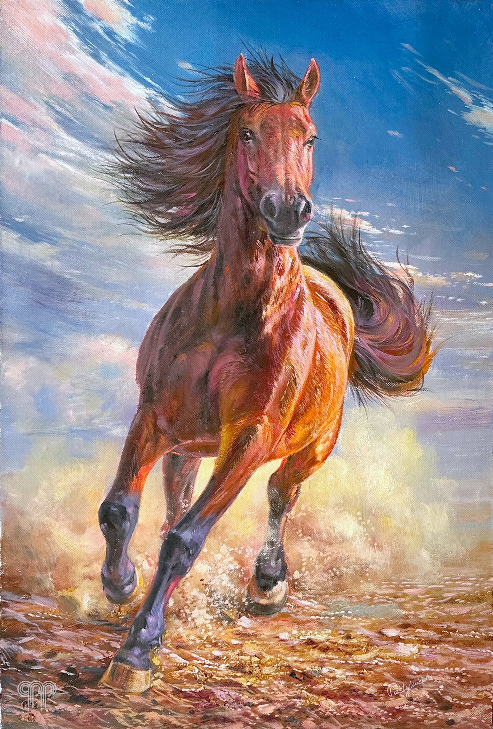 Ölgemälde Pferd im Galopp II - großes Pferdebild, Pferdeporträt, Pferdebild auf Leinwand, Brauner, wehende Mähne und Schweif, blauer Himmel, 90 x 120 cm