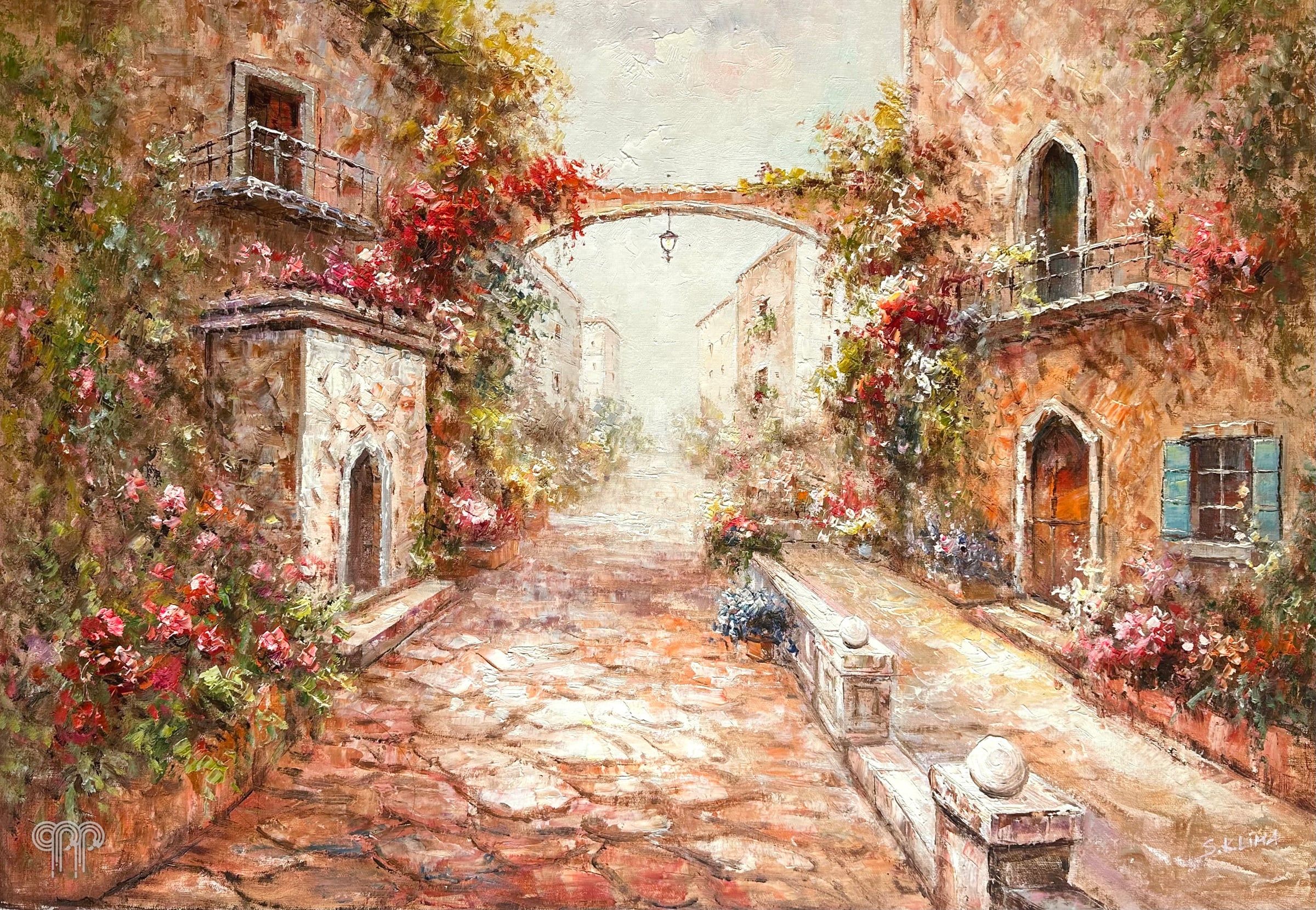 Ölgemälde Blumengasse - Bild fürs Wohnzimmer, mediterran, warme Farben, enge Gasse mit Kopfsteinpflaster, blumenbewachsene Häuser, italienisches Städtchen, 90 x 60 cm