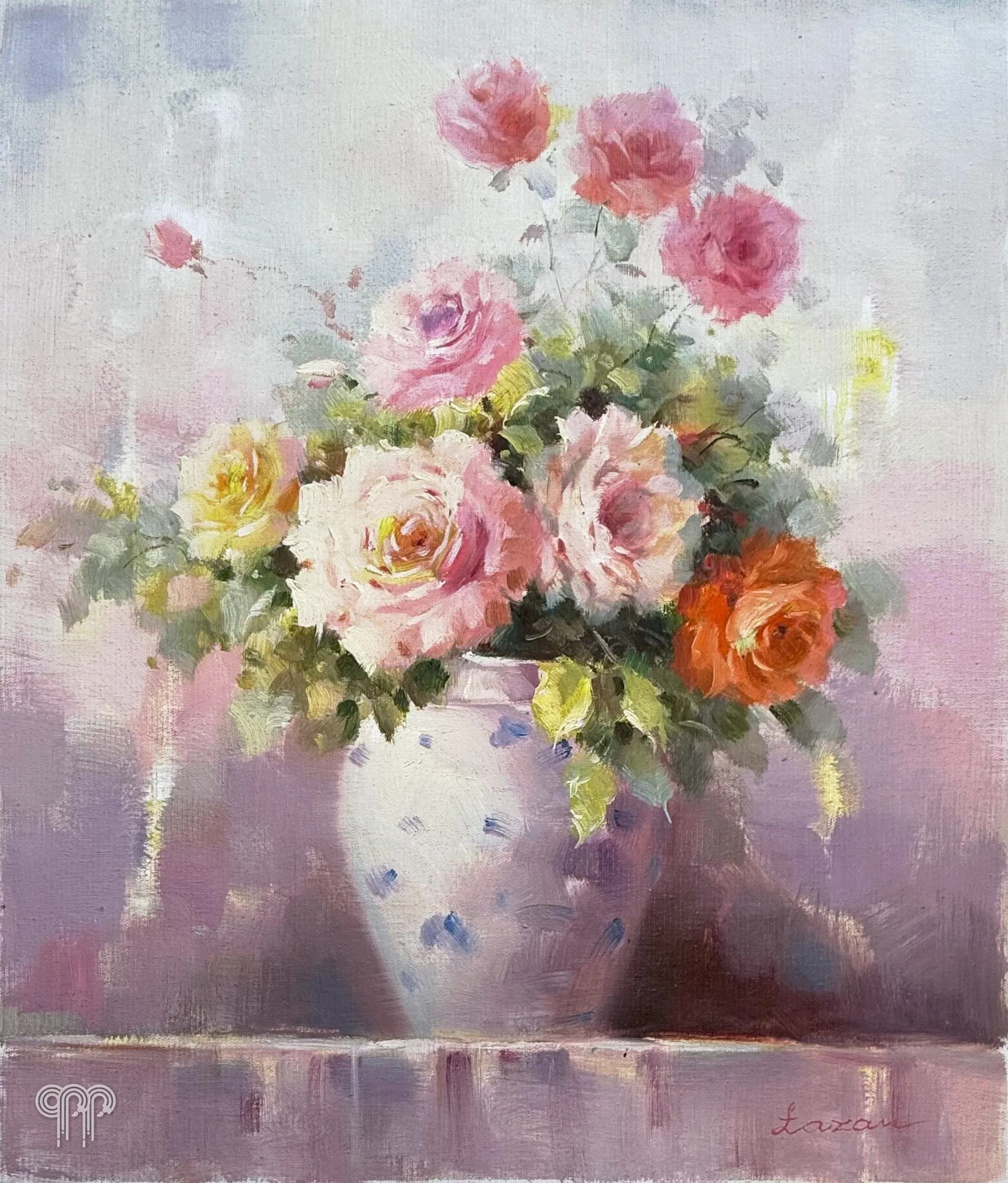 Obraz olejny Kwiaty II - bukiet róż w wazonie, róż i pomarańcz, obraz z kwiatami do salonu, pastelowe barwy, delikatny obraz, 50 x 60 cm