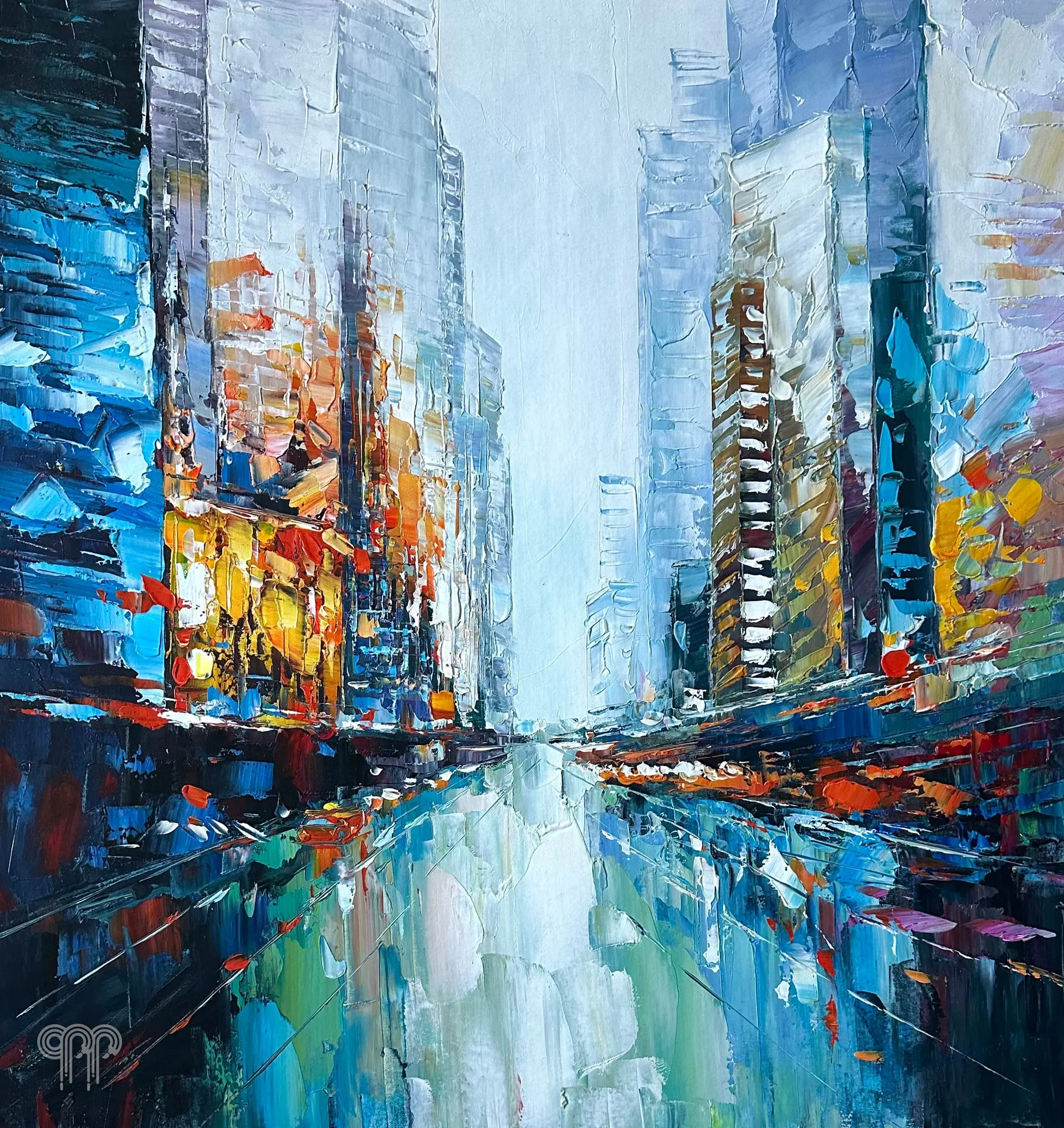 Ölgemälde Manhattan - modernes Bild fürs Wohnzimmer, Spachtelmalerei, Wolkenkratzer von New York, Stadt im Regen, Blautöne und Stadtlichter, 90 x 90 cm
