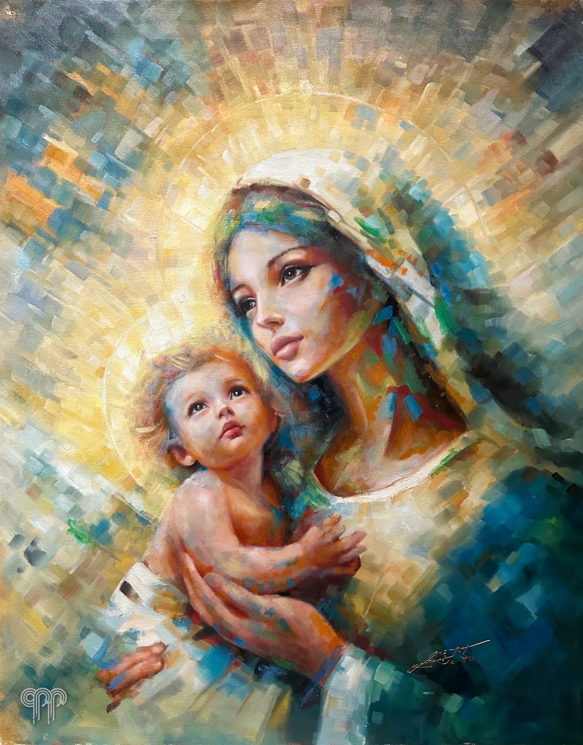 Ölgemälde Mutter mit Kind - Madonna mit Kind, goldener Heiligenschein, mosaikartiger Farbauftrag, sakrales Gemälde, 70 x 100 cm
