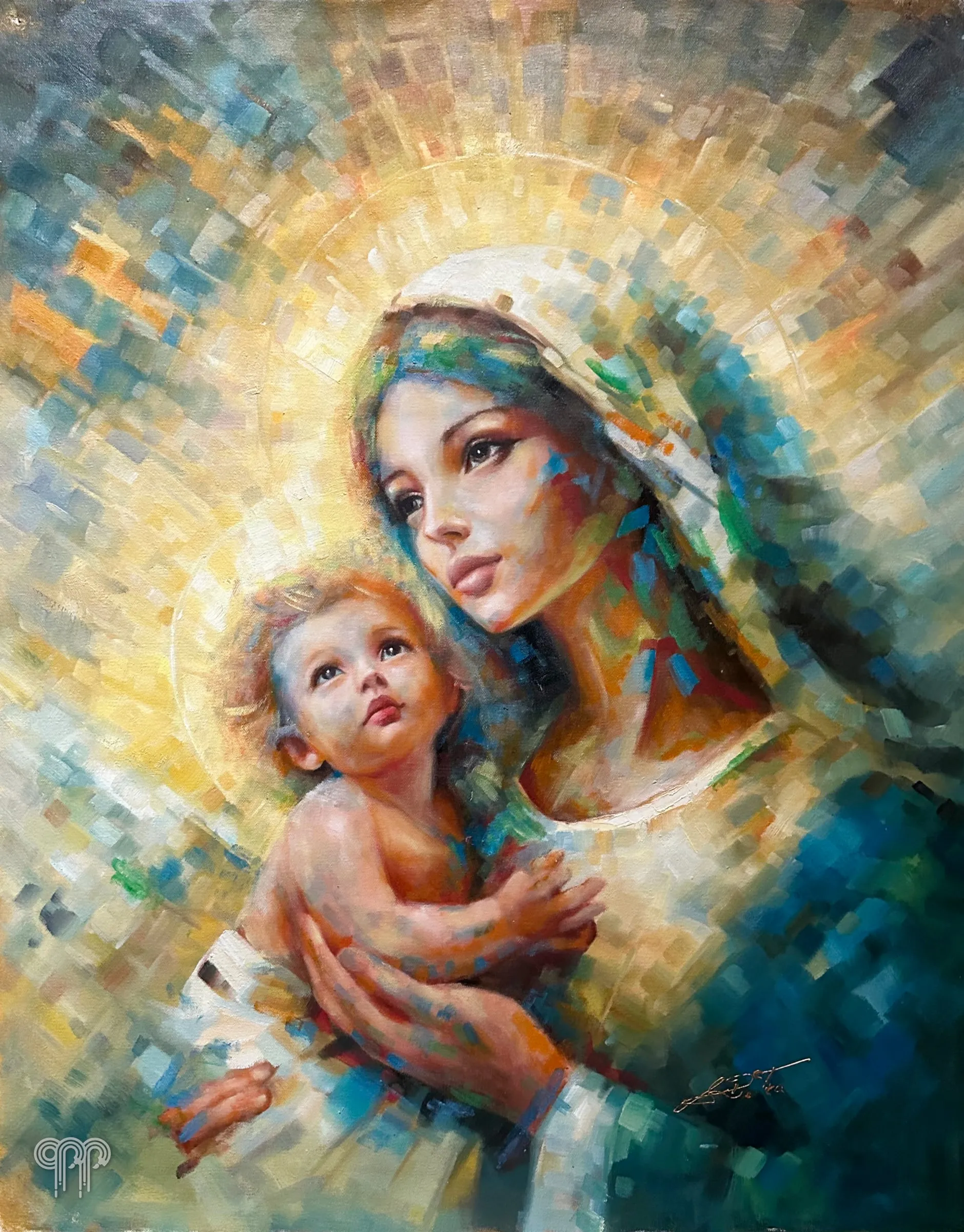 Obraz olejny Matka z dzieciątkiem - Matka Boska z Dzieciątkiem, złota aureola, mozaikowe pociągnięcia farby, obraz sakralny, 70 x 100 cm