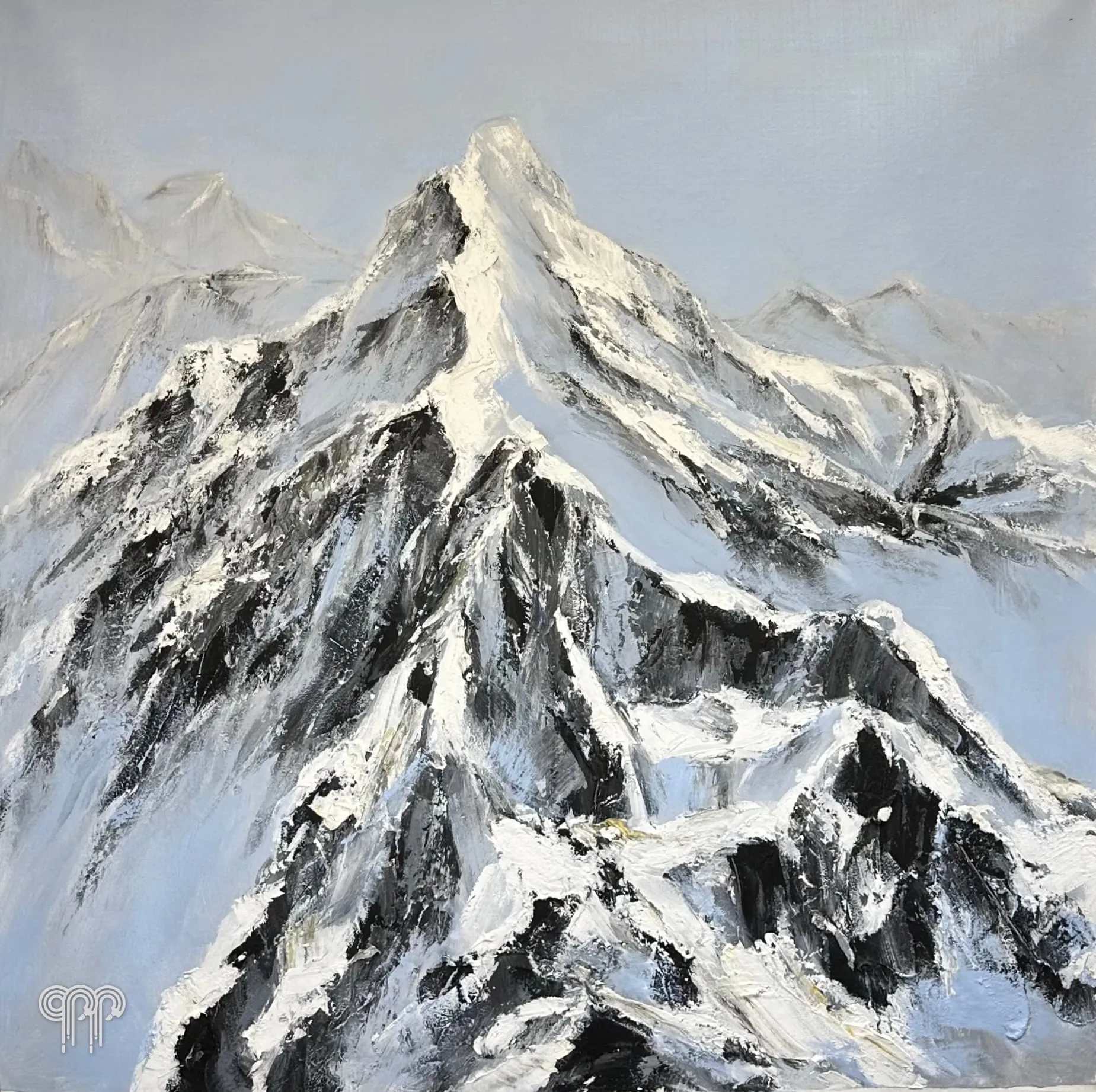 Obraz olejny Mont Blanc I - ośnieżony szczyt w Alpach, czarno-białe góry, malowany szpachlą, pejzaż górski, obraz z grubą fakturą, obraz do sypialni, 90 x 90 cm