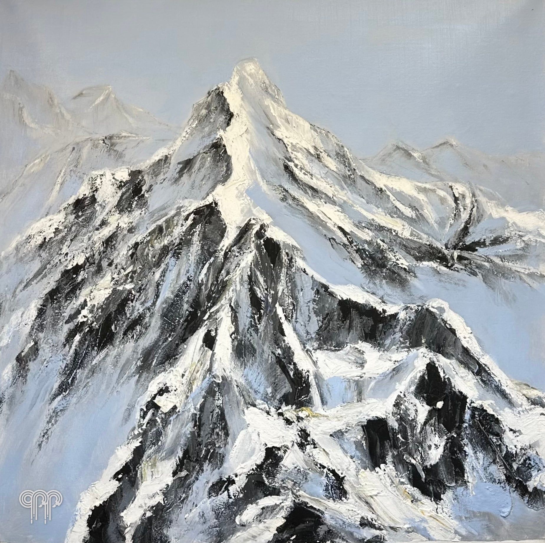 Ölgemälde Mont Blanc I - schneebedeckter Alpengipfel, schwarz-weiße Berge, Spachtelmalerei, Berglandschaft, dicke Struktur, Bild fürs Schlafzimmer, 90 x 90 cm
