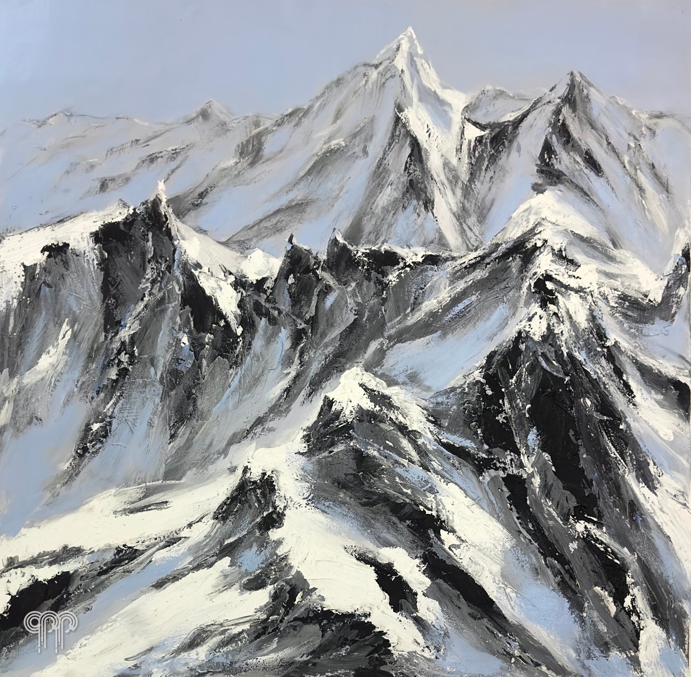 Ölgemälde Mont Blanc II - moderne Berglandschaft, Bild für ein modernes Wohnzimmer, Grat schneebedeckter Gipfel, schwarz-weiße Berge, 90 x 90 cm