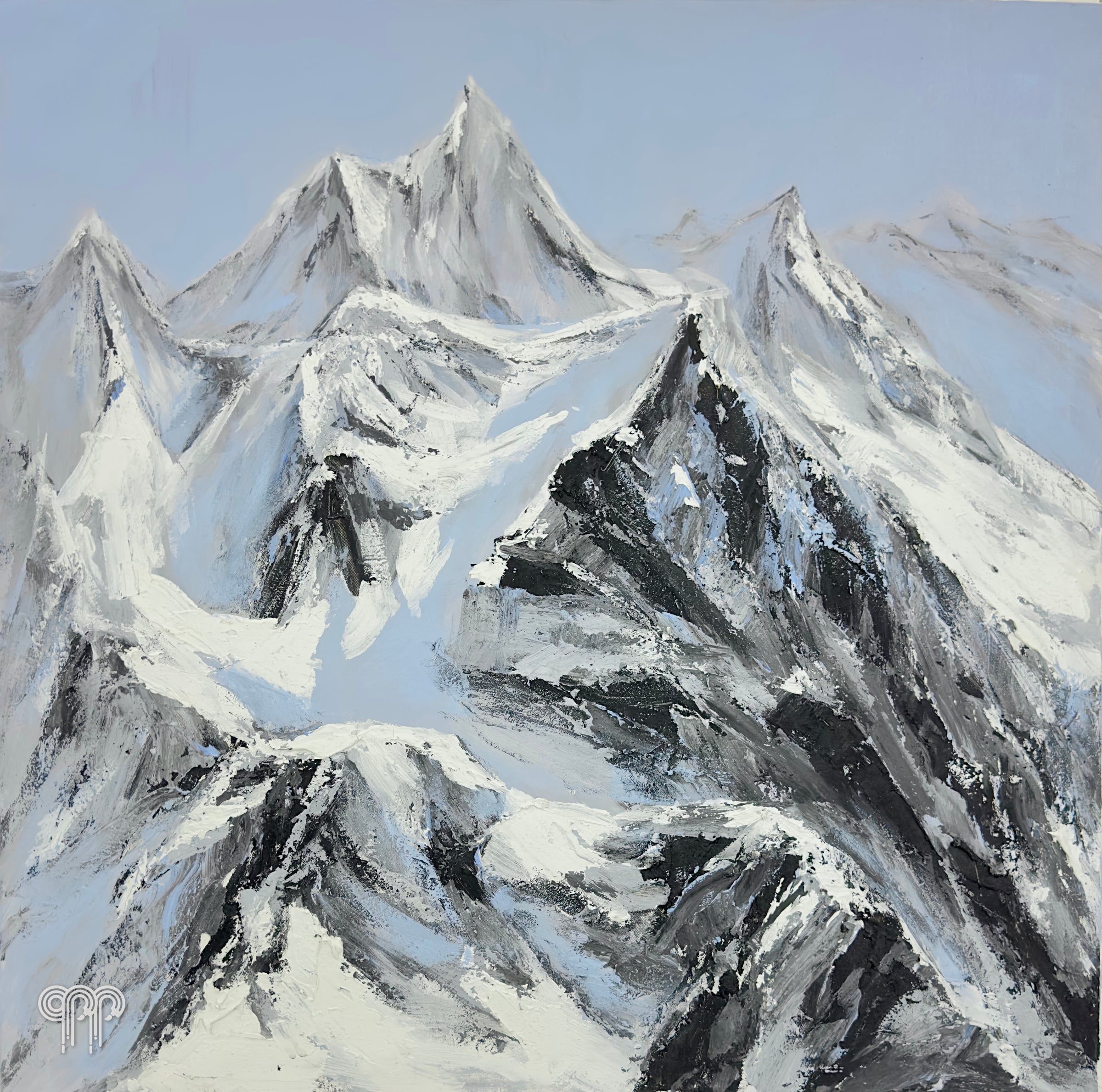 Ölgemälde Mont Blanc III - Berglandschaft, Bergbild, schneebedecktes Bergmassiv, helle und dunkle Hänge, Spachtelmalerei, 90 x 90 cm