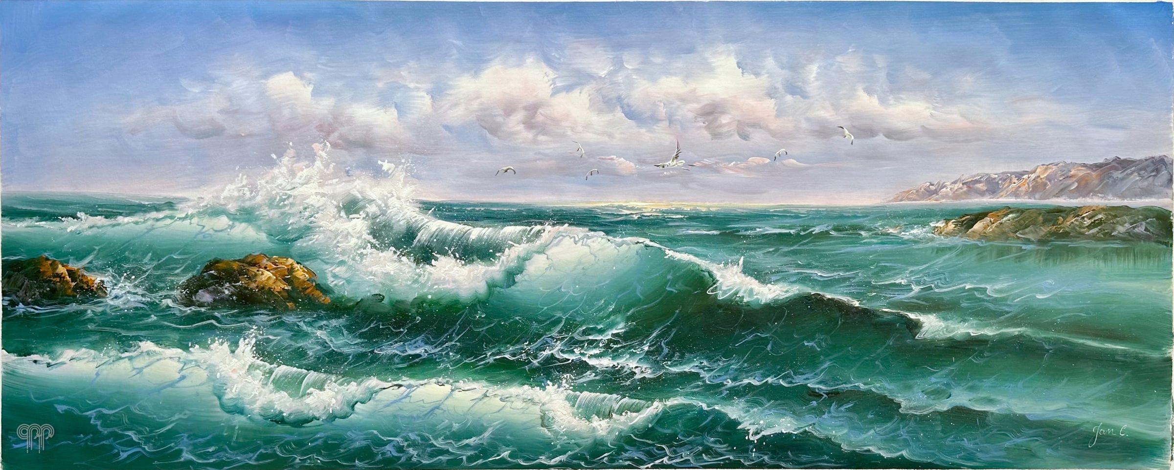 Ölgemälde Meereswelle - grüne Welle, Felsen und Küste, Meeresbild, breites Bild fürs Wohnzimmer, für eine große Wand, über dem Sofa, über der Eckcouch, 120 x 70 cm