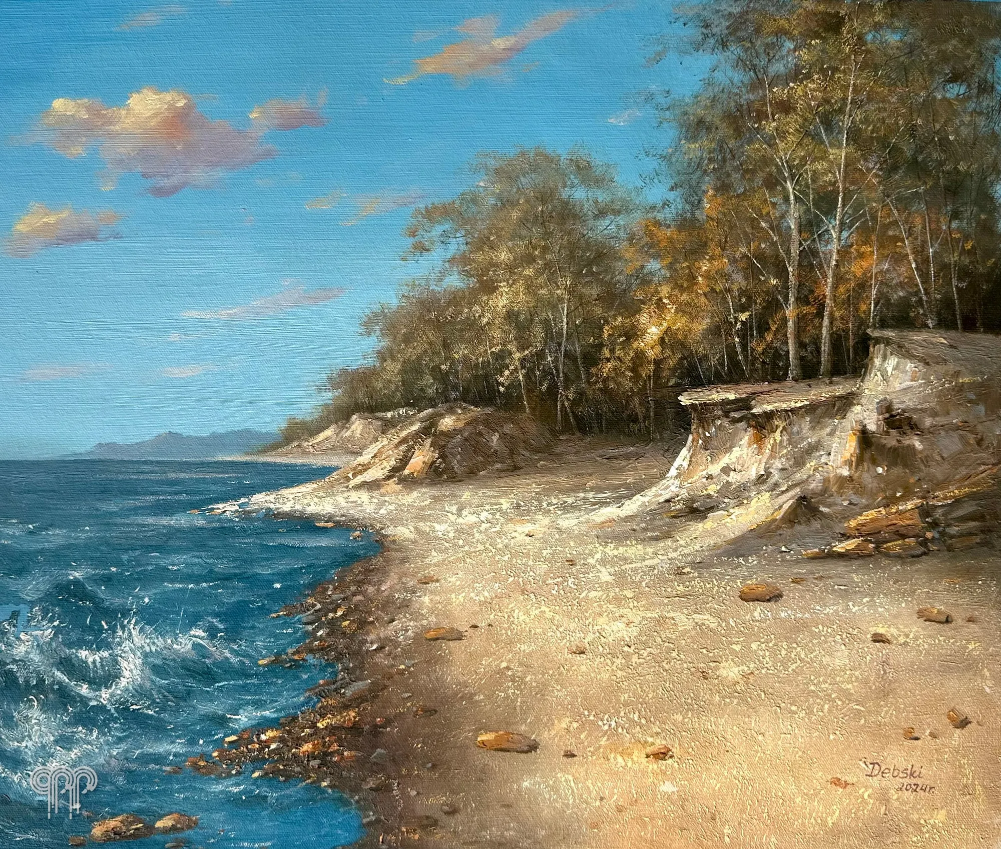 Obraz olejny Morski brzeg II - pejzaż morski, obraz do pensjonatu nad morzem, plaża z kamieniami, rozbijająca się fala, jesienne wybrzeże, 60 x 50 cm