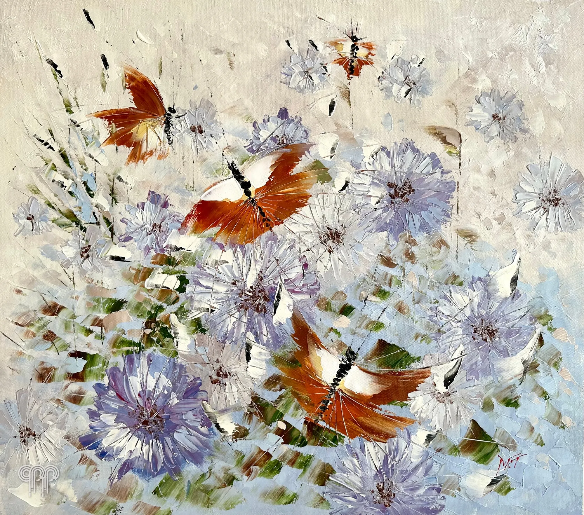 Ölgemälde Schmetterlinge und Kornblumen - helles Bild fürs Wohnzimmer, großes Bild fürs Schlafzimmer, Schmetterlinge und Kornblumen in Lilatönen, mit dem Spachtel gemalte Blumen, heller Hintergrund, Blumenwiese, 90 x 90 cm