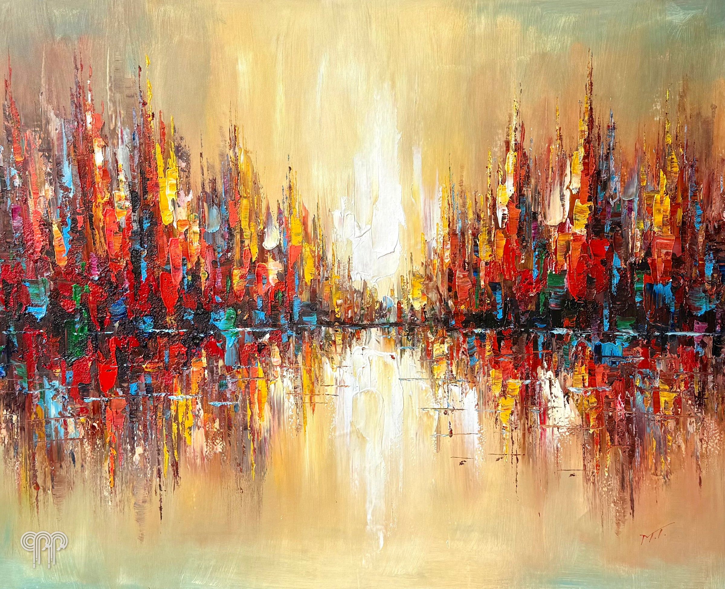 Ölgemälde Spiegelungen I - großes Bild fürs Wohnzimmer, dicker Farbauftrag, abstrakte Stadt spiegelt sich im Wasser, Rot- und Goldtöne, Spachtelmalerei, 120 x 90 cm