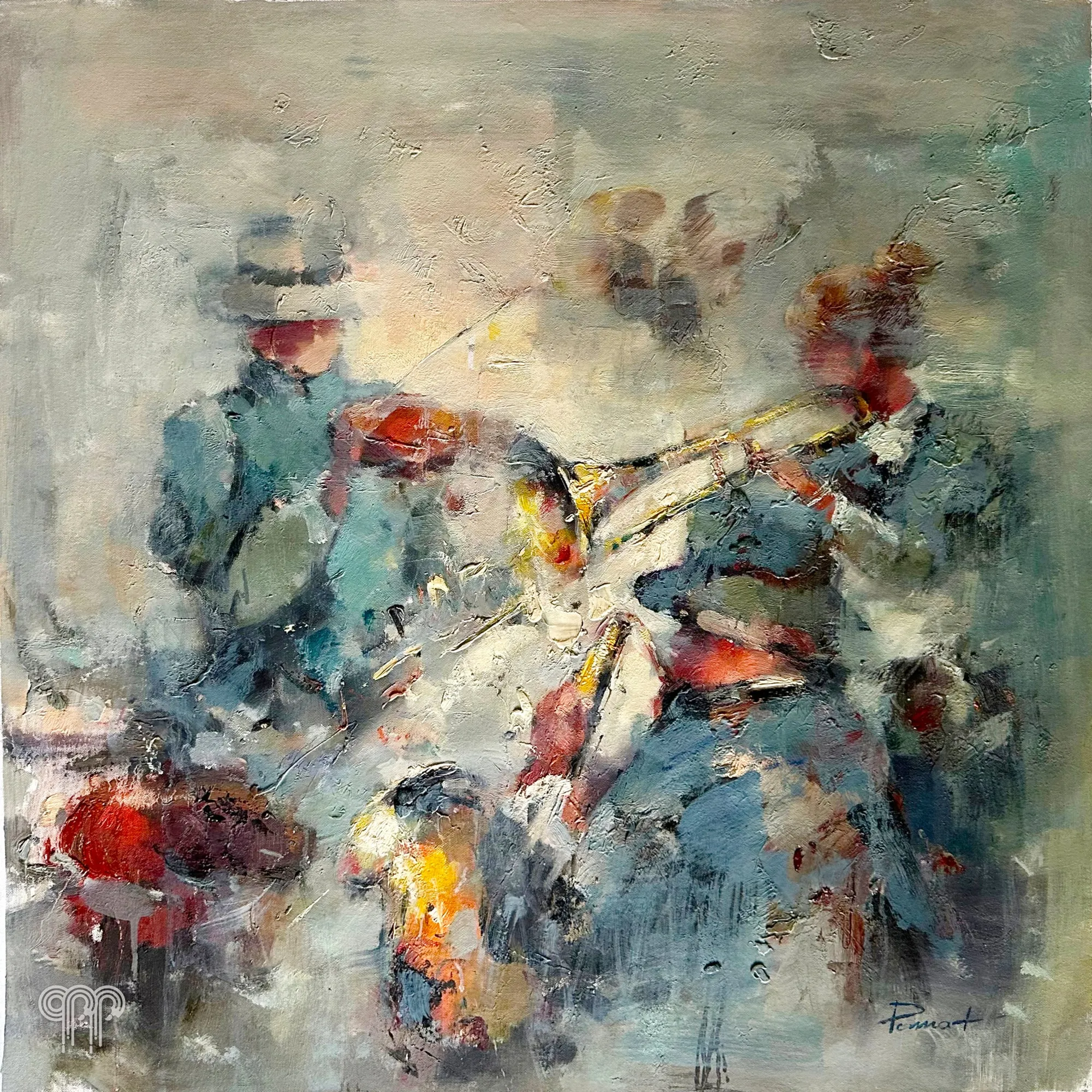 Obraz olejny Orkiestra - obraz dla muzyka, z instrumentami, obraz do salonu, kwadratowy, muzycy z instrumentami, rozmyte barwy, szarości i błękity, 90 x 90 cm
