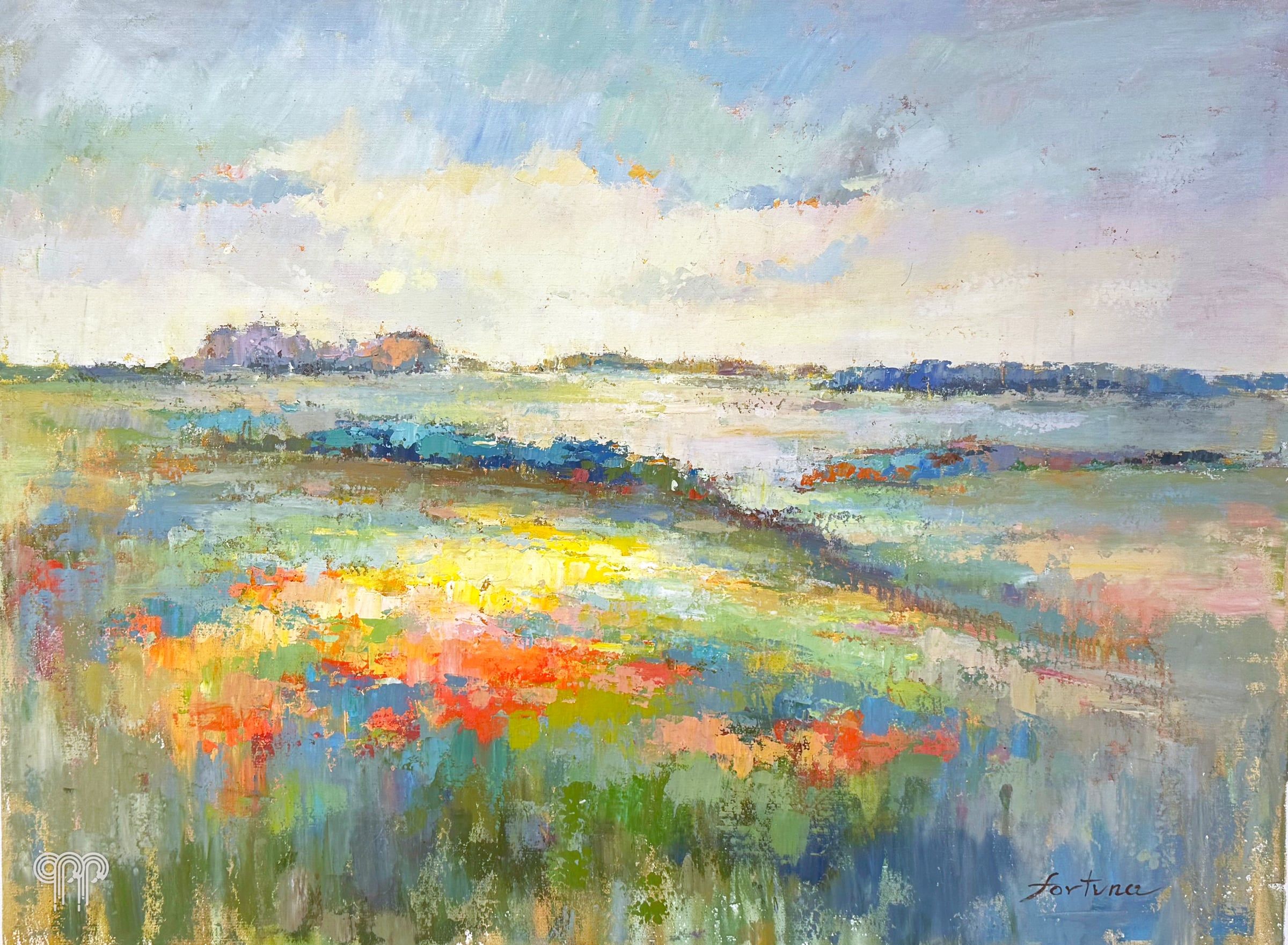 Ölgemälde Abstrakte Landschaft I - großes Bild fürs Wohnzimmer, für ein modernes Interieur, Wiese mit bunten Blumentupfen, Pastellfarben, impressionistische Landschaft, 120 x 90 cm