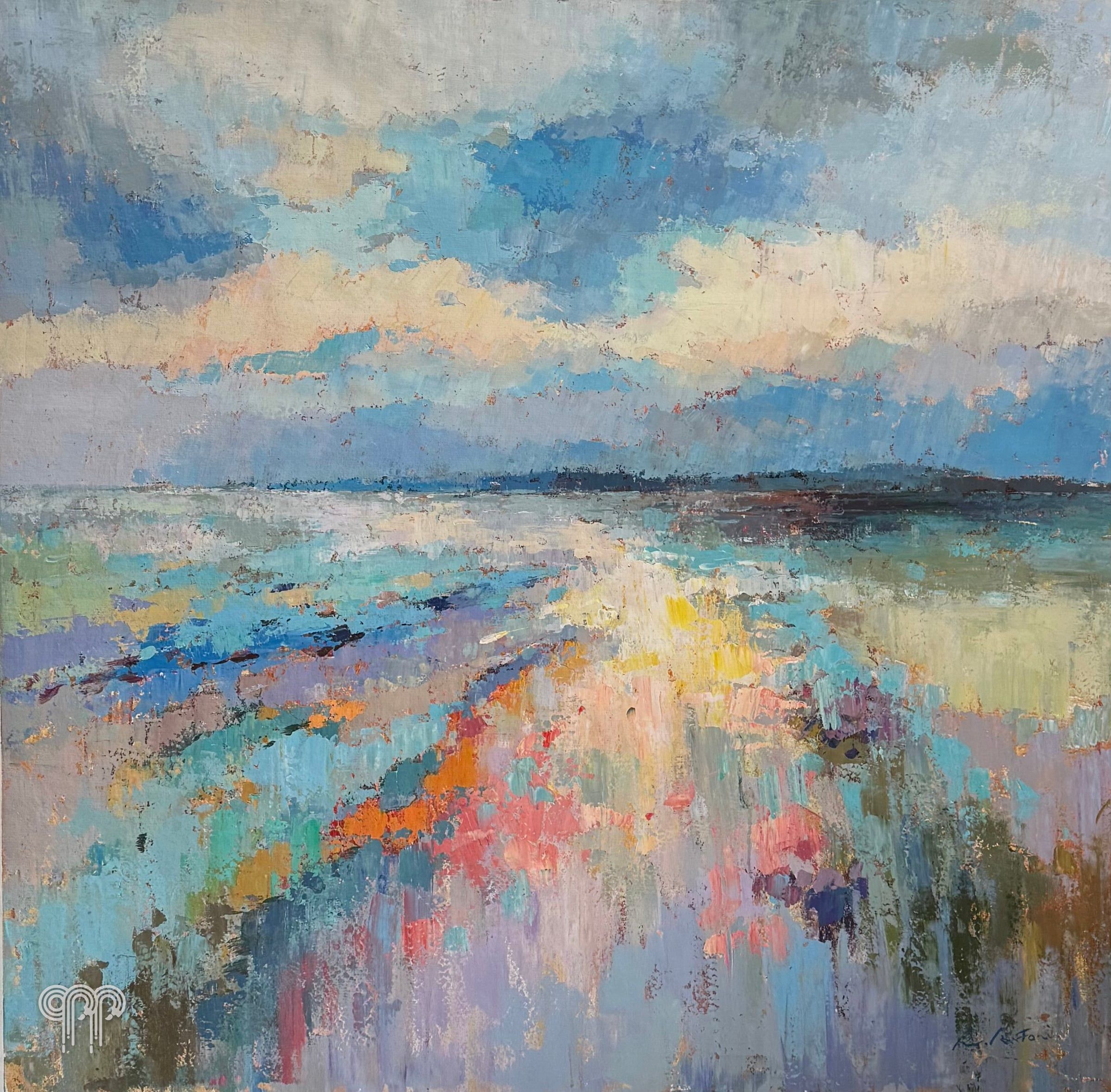 Ölgemälde Abstrakte Landschaft II - modernes Bild, fürs große Wohnzimmer, für eine große Wand, impressionistische Landschaft, Felder in bunten Farbflächen, Wolken über dem Horizont, Pastelltöne, 120 x 120 cm