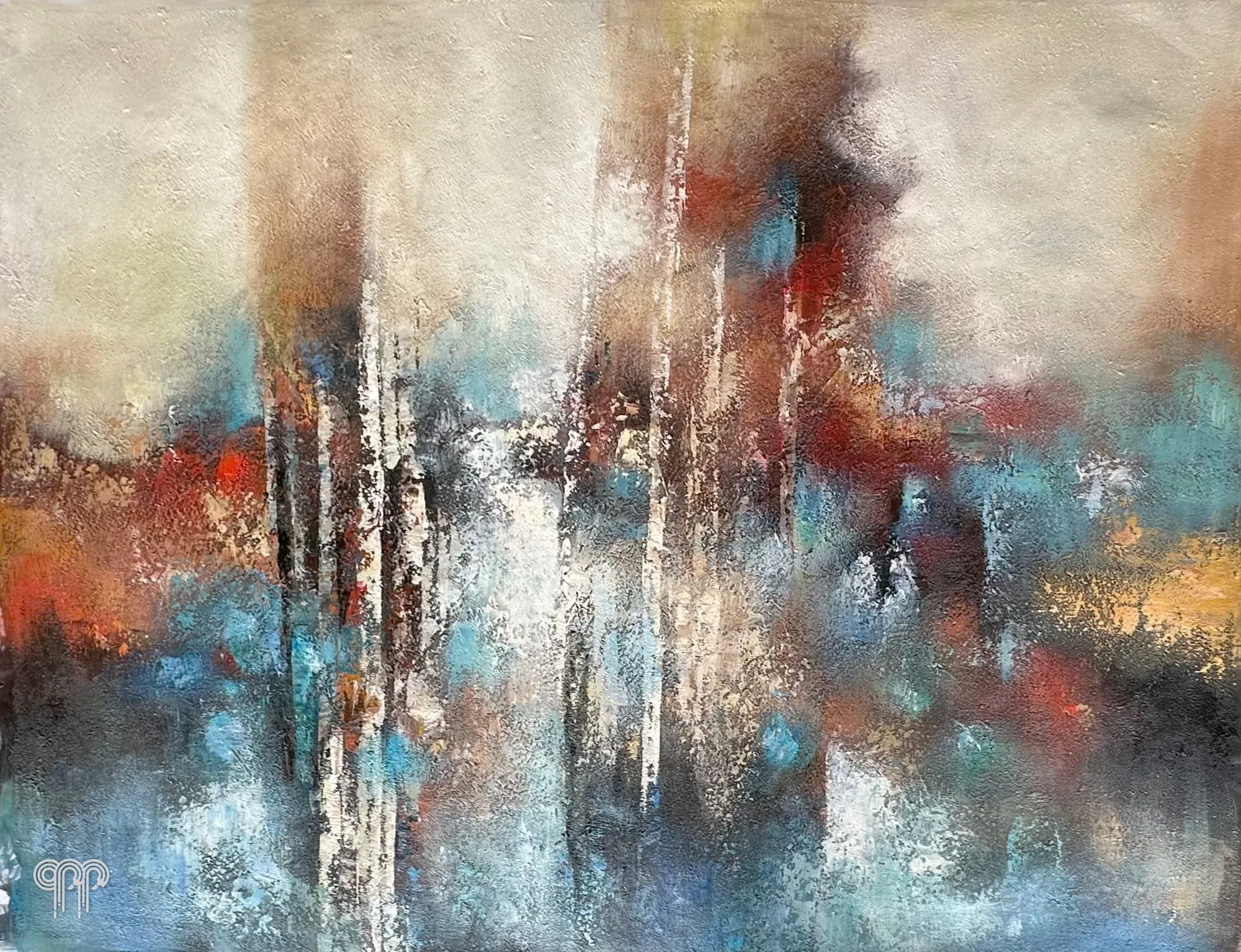 Oil painting Abstract Landscape III - large living room painting, for a large wall, palette-knife painting, blues, rusty browns and red, textured abstraction, 120 x 90 cm