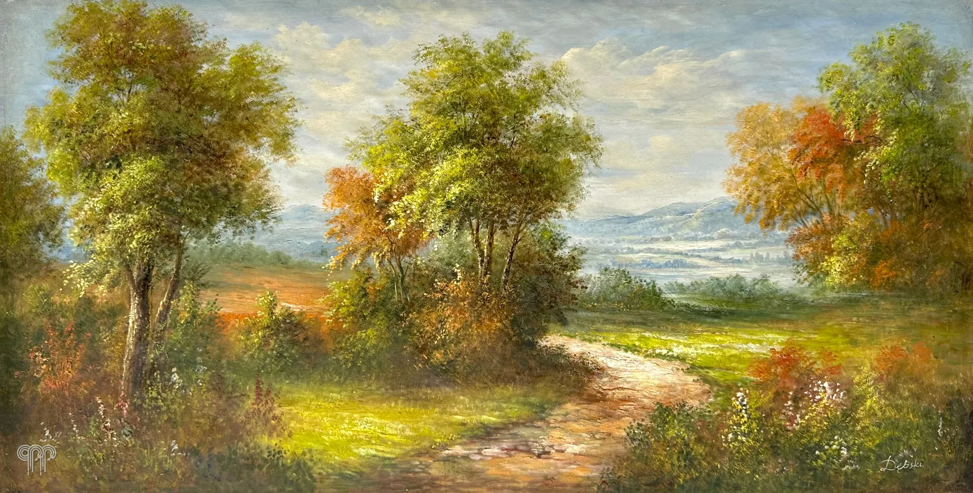 Oil painting Autumn Landscape II - autumn view, landscape, large living room painting, country road between trees, autumn leaves, meadow and hills in the distance, panoramic painting, 120 x 60 cm