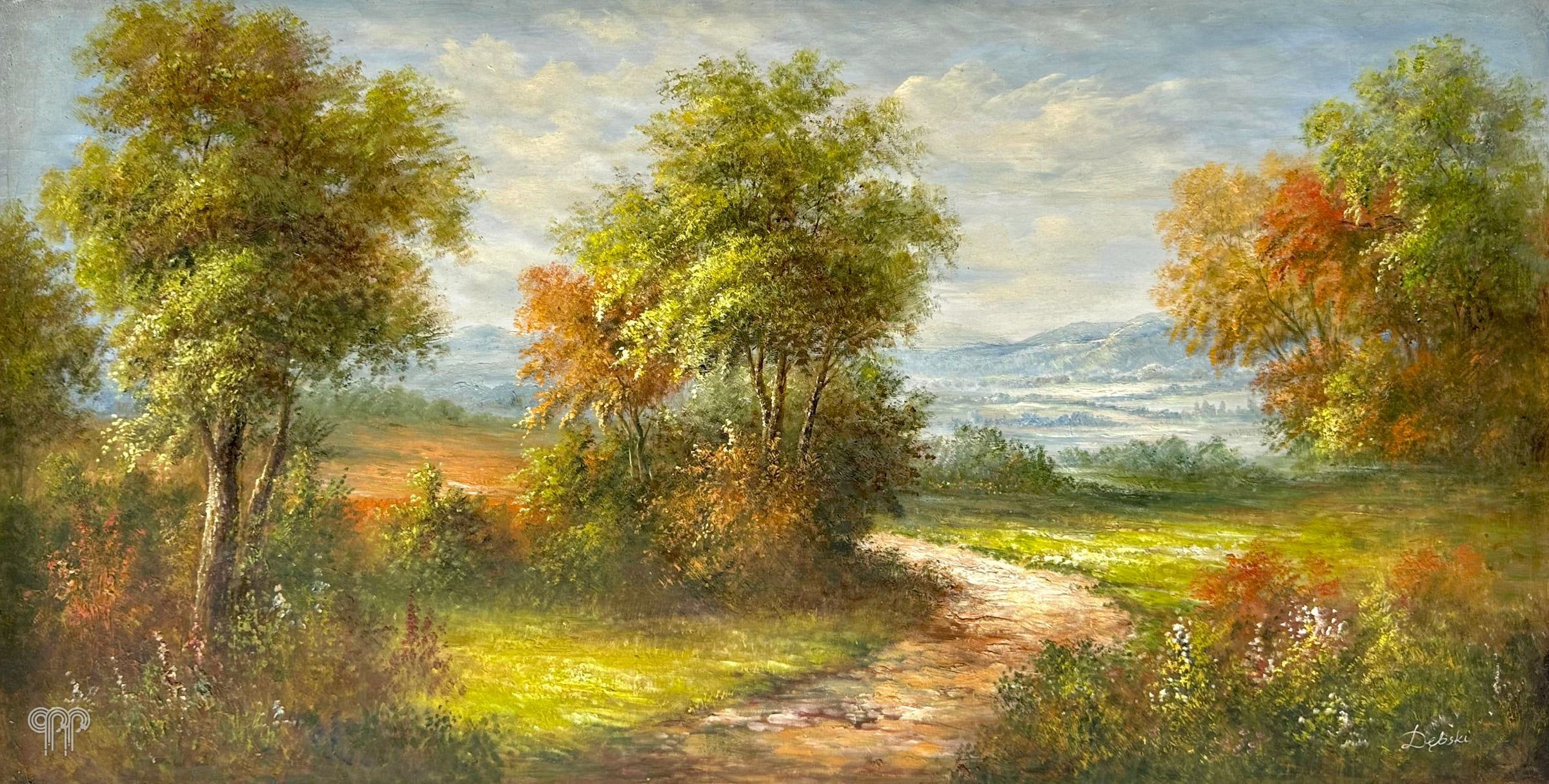Ölgemälde Herbstlandschaft II - Herbstansicht, Landschaft, großes Bild fürs Wohnzimmer, Landstraße zwischen Bäumen, Herbstlaub, Wiese und Hügel in der Ferne, Panoramabild, 120 x 60 cm