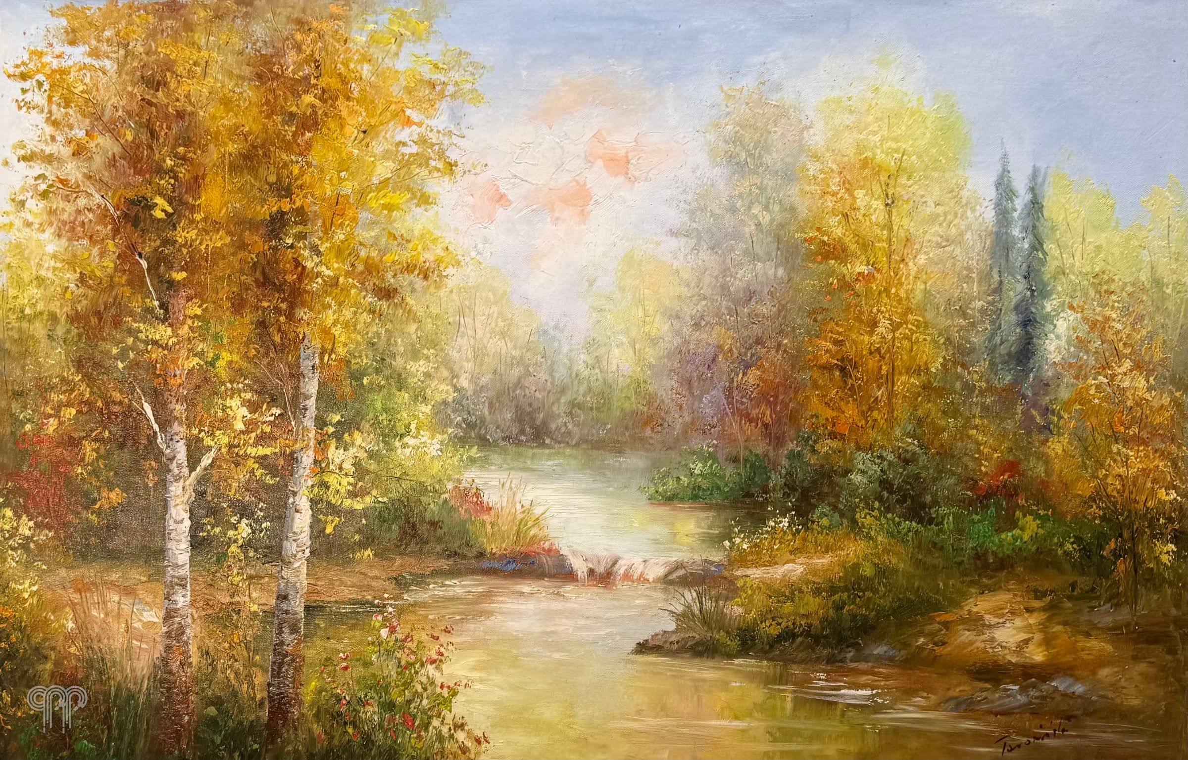 Ölgemälde Herbstlandschaft - goldener Herbst, Birken am Fluss, Herbstbild mit Bäumen, warme Landschaft, 90 x 60 cm