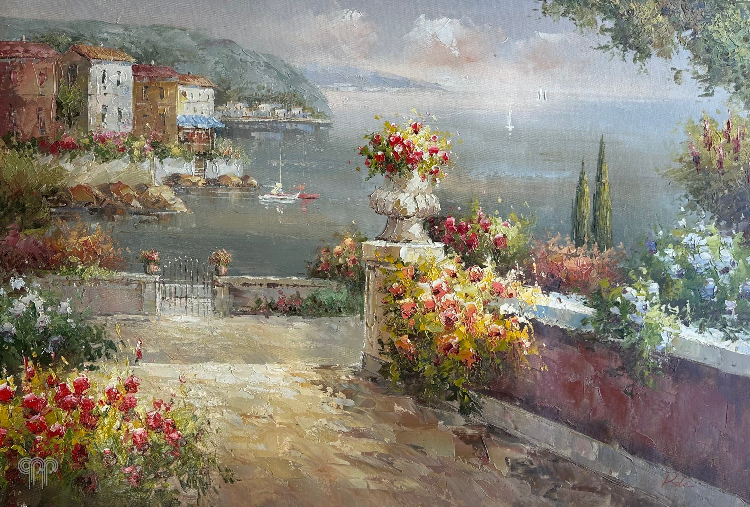 Ölgemälde Mediterrane Landschaft - Bild fürs Wohnzimmer, mediterrane Terrasse mit Blumen über einer Bucht, Häuser am Meer, Zypressen, Meerblick, Impressionismus, 90 x 60 cm