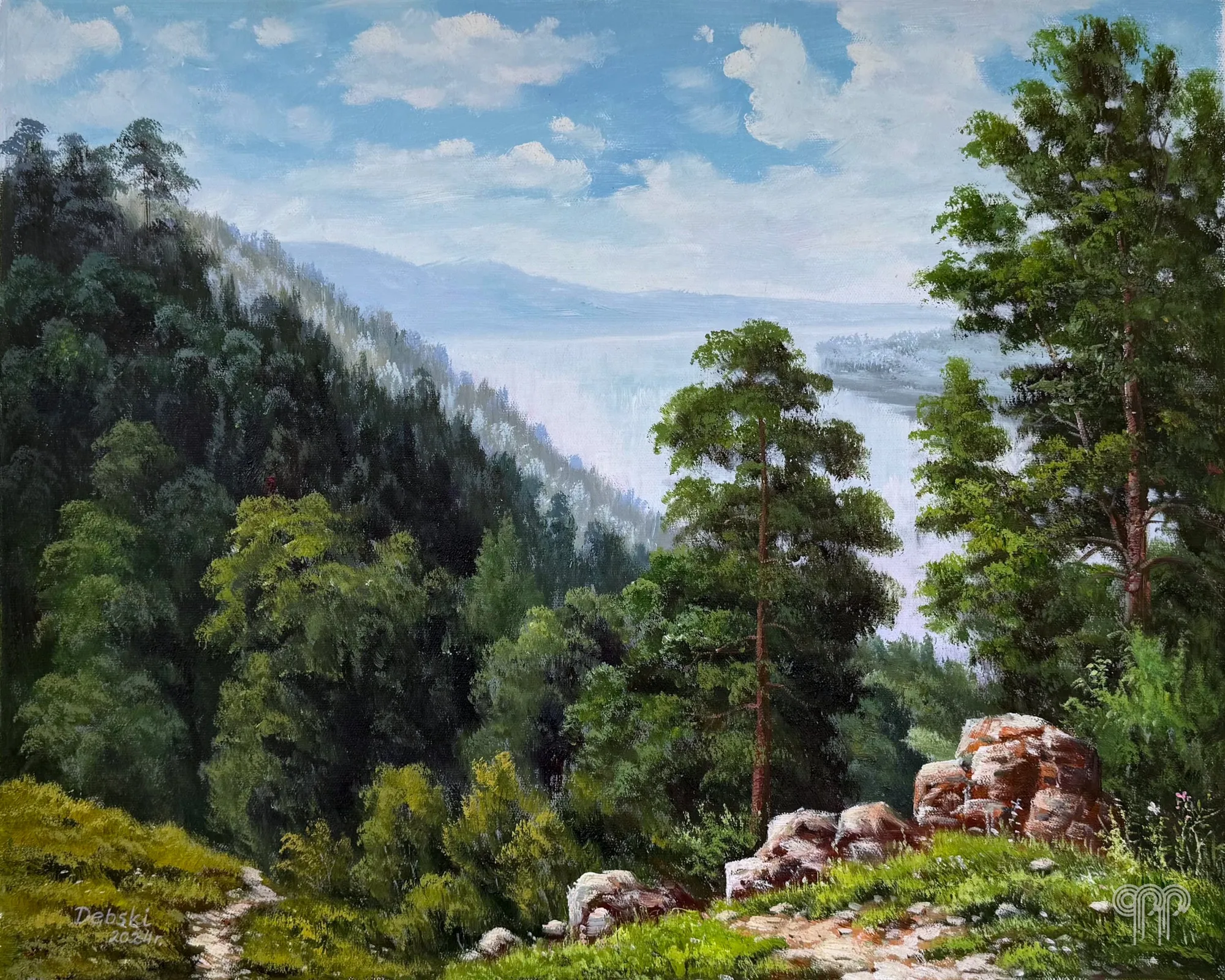 Obraz olejny Pejzaż - Bieszczady, górski las, sosny i skały, dolina w oddali, pejzaż górski, zielony obraz, obraz do salonu, 60 x 50 cm