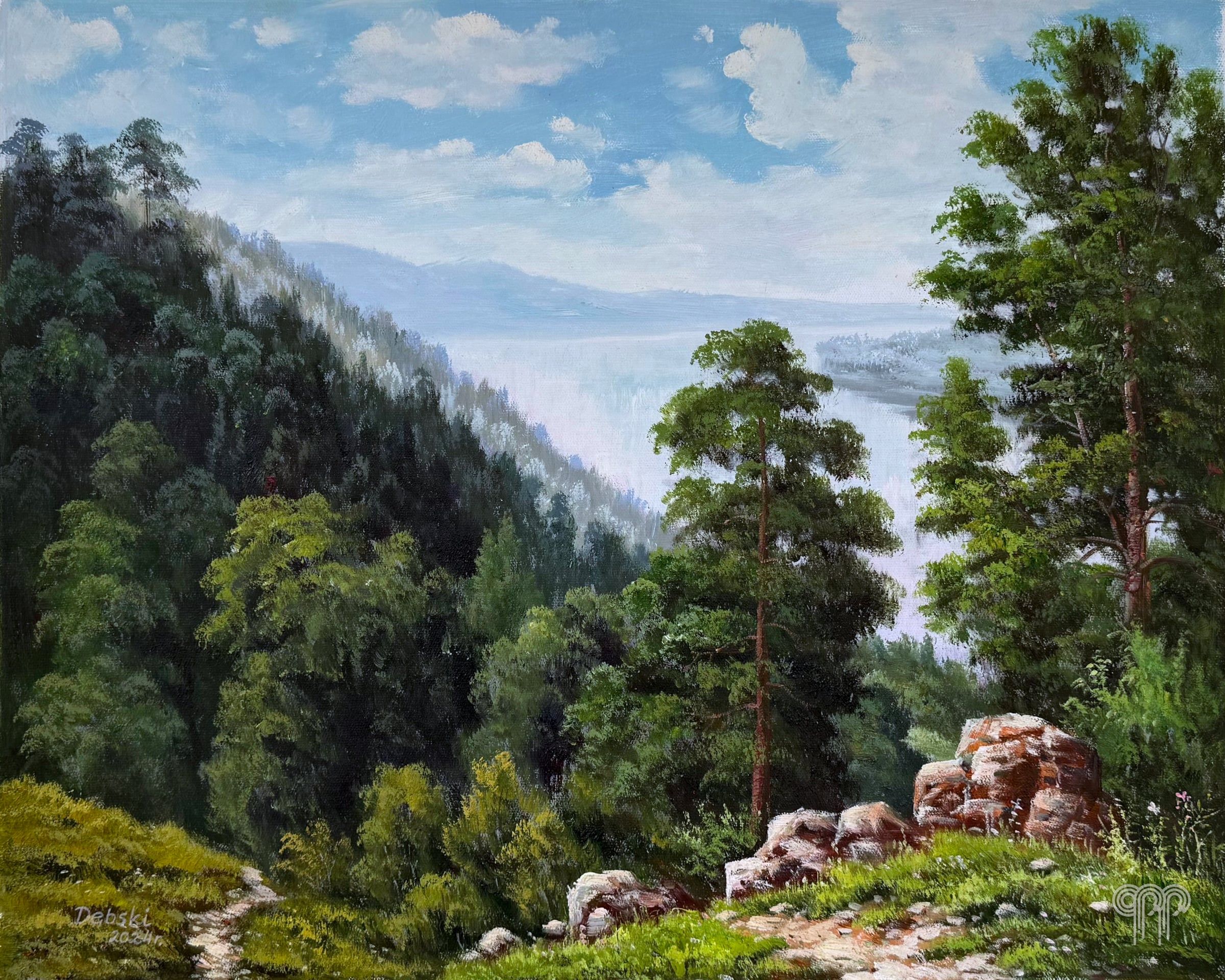 Ölgemälde Landschaft - Bieszczady-Gebirge, Bergwald, Kiefern und Felsen, Tal in der Ferne, Berglandschaft, grünes Bild, Bild fürs Wohnzimmer, 60 x 50 cm