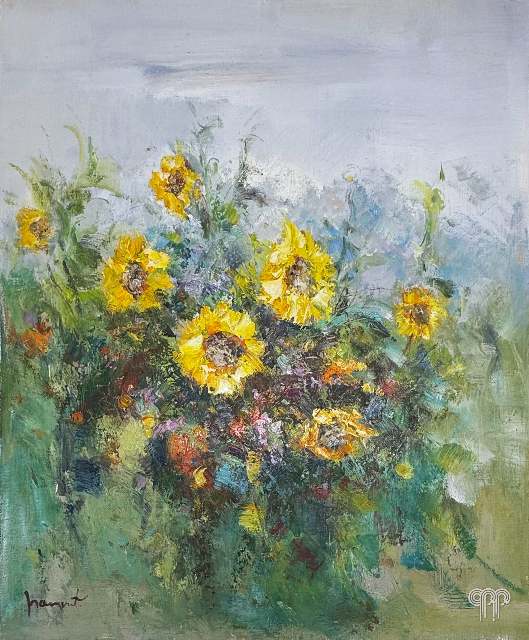 Ölgemälde Sonnenblumenfeld - Bild für ein klassisches Wohnzimmer, Sonnenblumen und Wildblumen auf grünem Grund, Impressionismus, Blumenbild, 50 x 60 cm