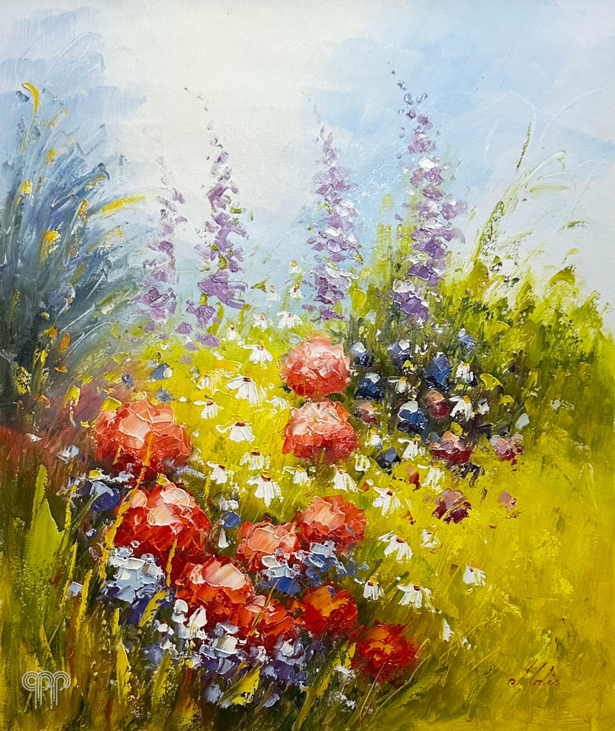Ölgemälde Wildblumen I - Bild fürs Wohnzimmer, rote und lila Blumen auf einer sonnigen Wiese, sommerliches Blumenbild, Spachtelmalerei, 50 x 60 cm