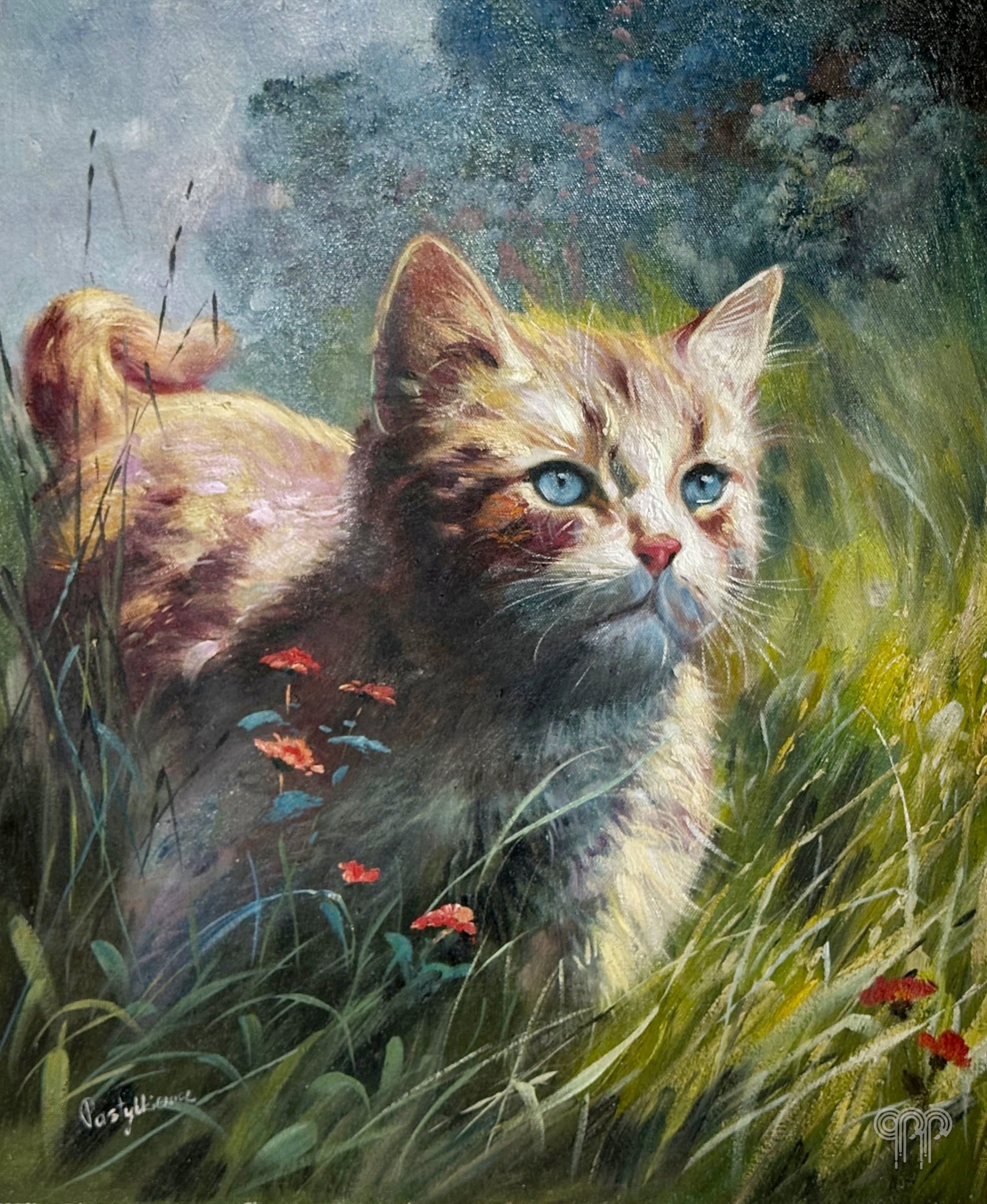 Ölgemälde Wiesenkatze - junge rote Katze im hohen Gras, blaue Augen, kleine rote Blumen, Katzenporträt, Bild mit Kätzchen, 50 x 60 cm