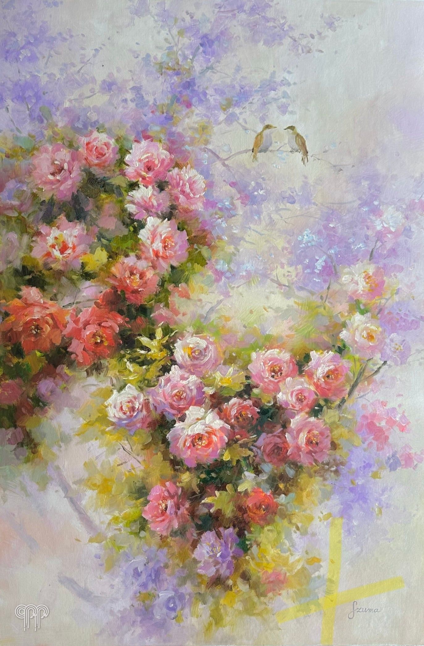 Ölgemälde Rosen und Vögel - zartes Blumenbild, Strauß rosa Rosen, zwei kleine Vögel, zarte Lilatöne, Pastellfarben, fürs Wohn- oder Schlafzimmer, 60 x 90 cm