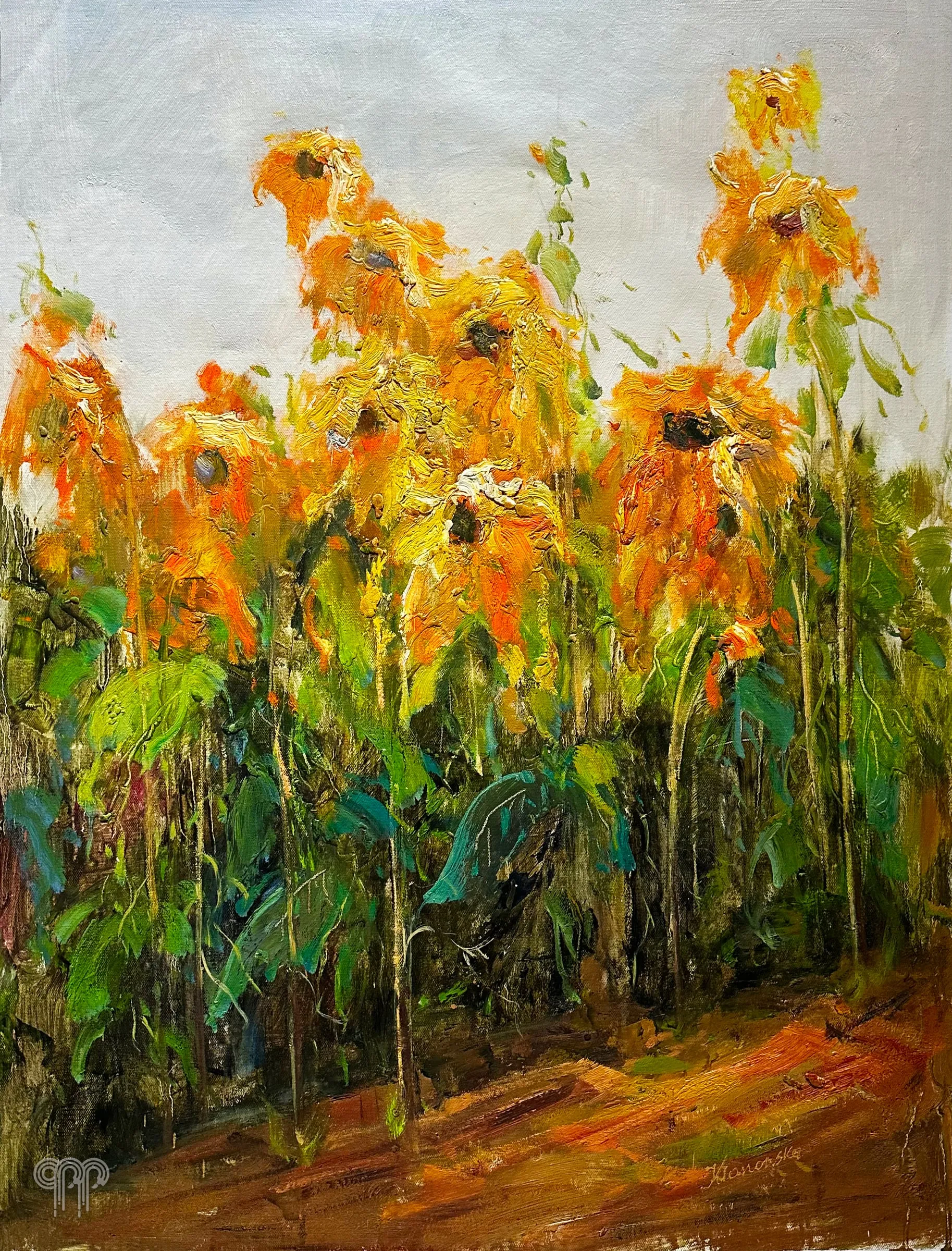 Ölgemälde Sonnenblumen - Bild für ein klassisches Wohnzimmer, Feld hoher Sonnenblumen, Orange- und Grüntöne, großes Sonnenblumenbild, 70 x 100 cm