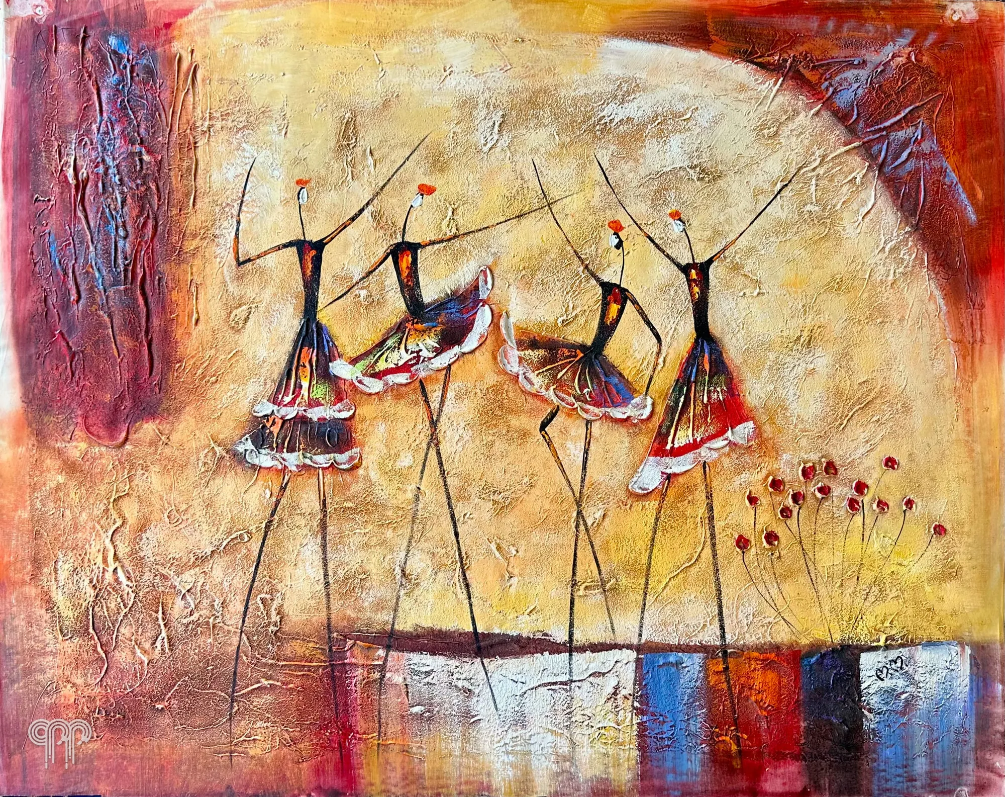 Ölgemälde Tänzerinnen - Bild fürs Wohnzimmer, vier stilisierte Tänzerinnen, afrikanische Tänzerinnen, warmes Gold und Rot, dicke Struktur, abstraktes Bild, warme Farben, orientalisch, 100 x 70 cm