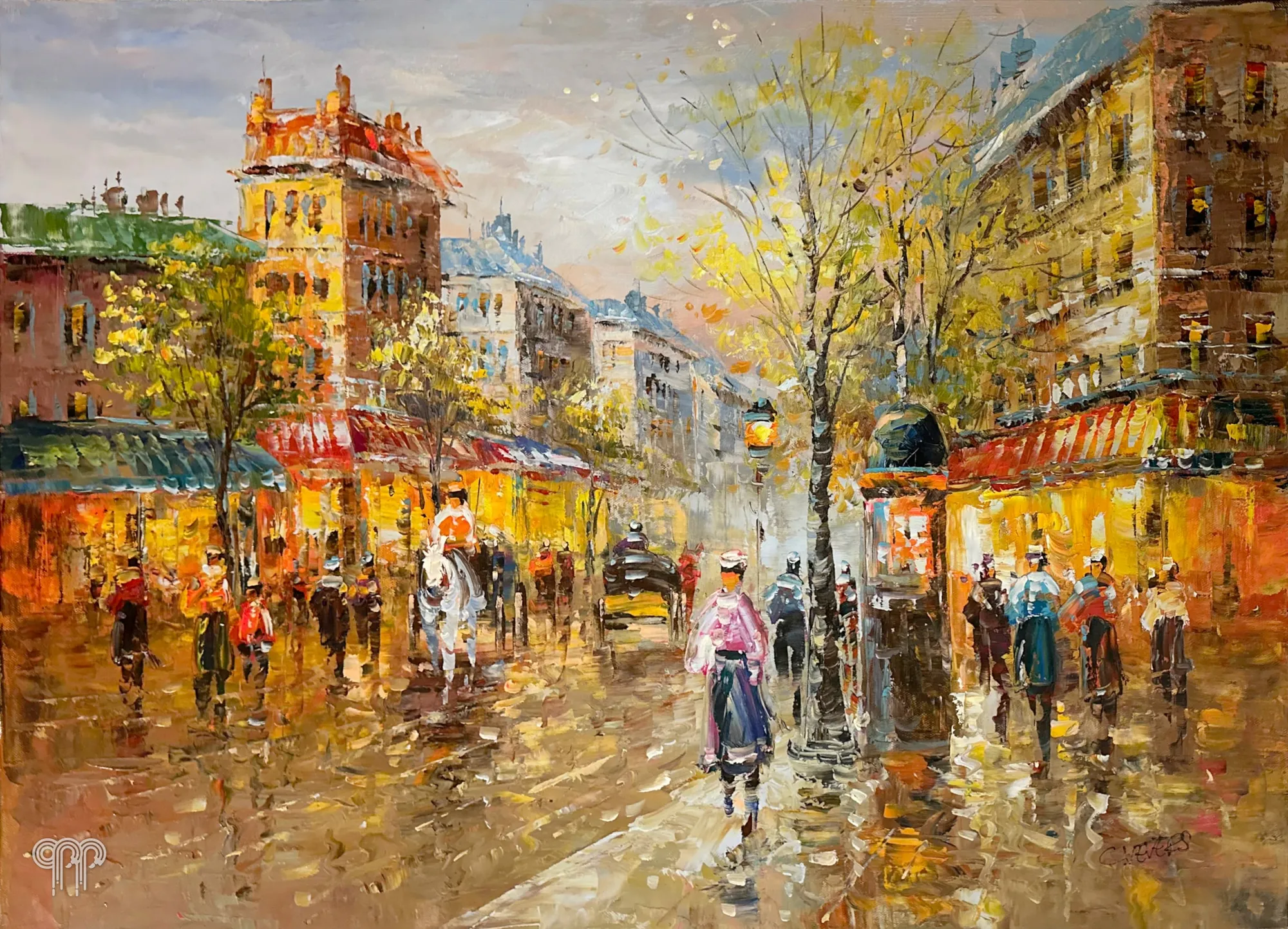 Oil painting Paris Street - living room painting, colourful Paris street, impressionism, Paris in the rain, townhouses and passers-by, warm evening lights, 90 x 60 cm