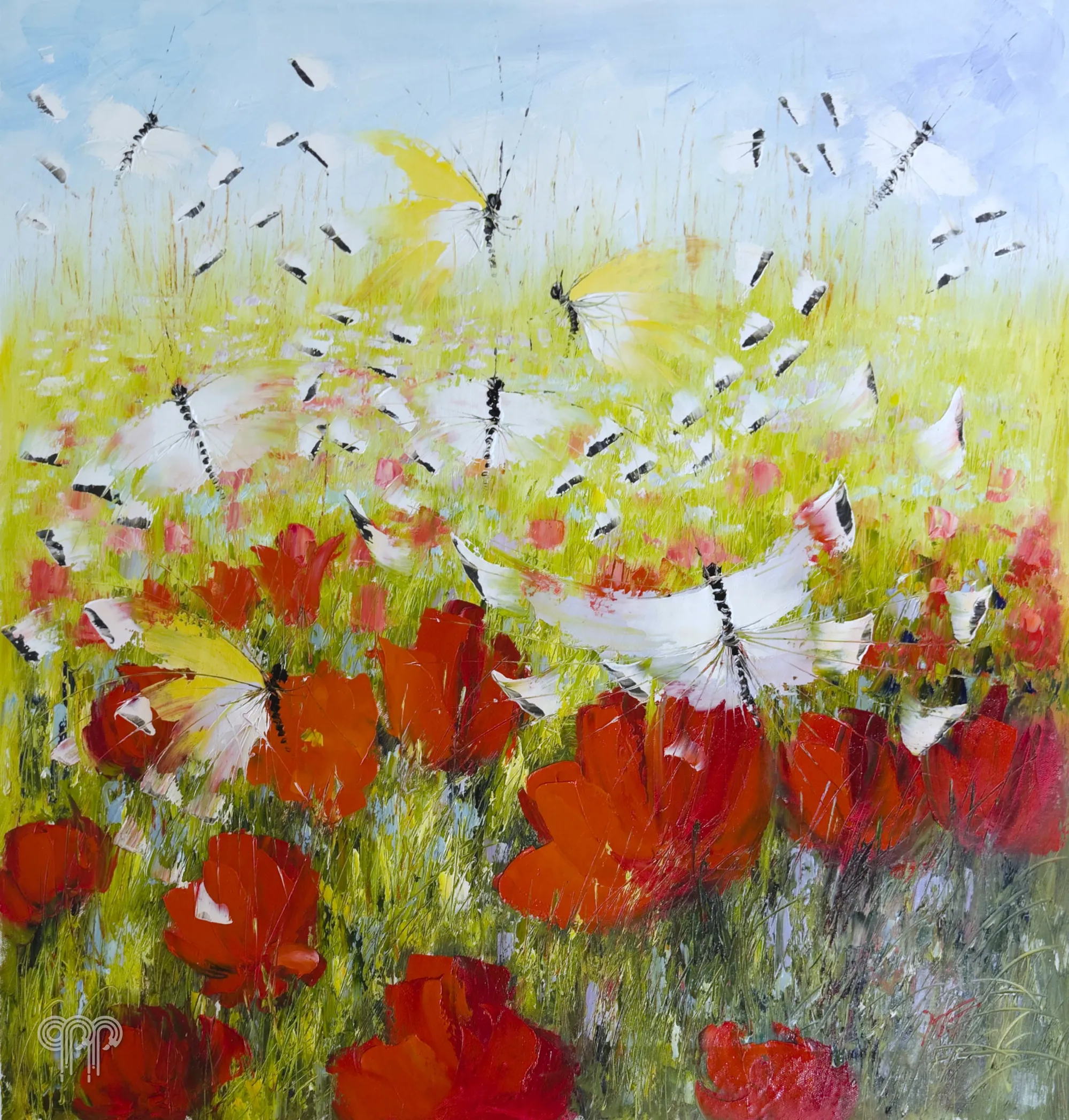Obraz olejny Ważki i maki - letni obraz z kwiatami, jasny obraz do salonu, duży obraz do sypialni, maki na łące, białe ważki, jasne tło, 90 x 90 cm