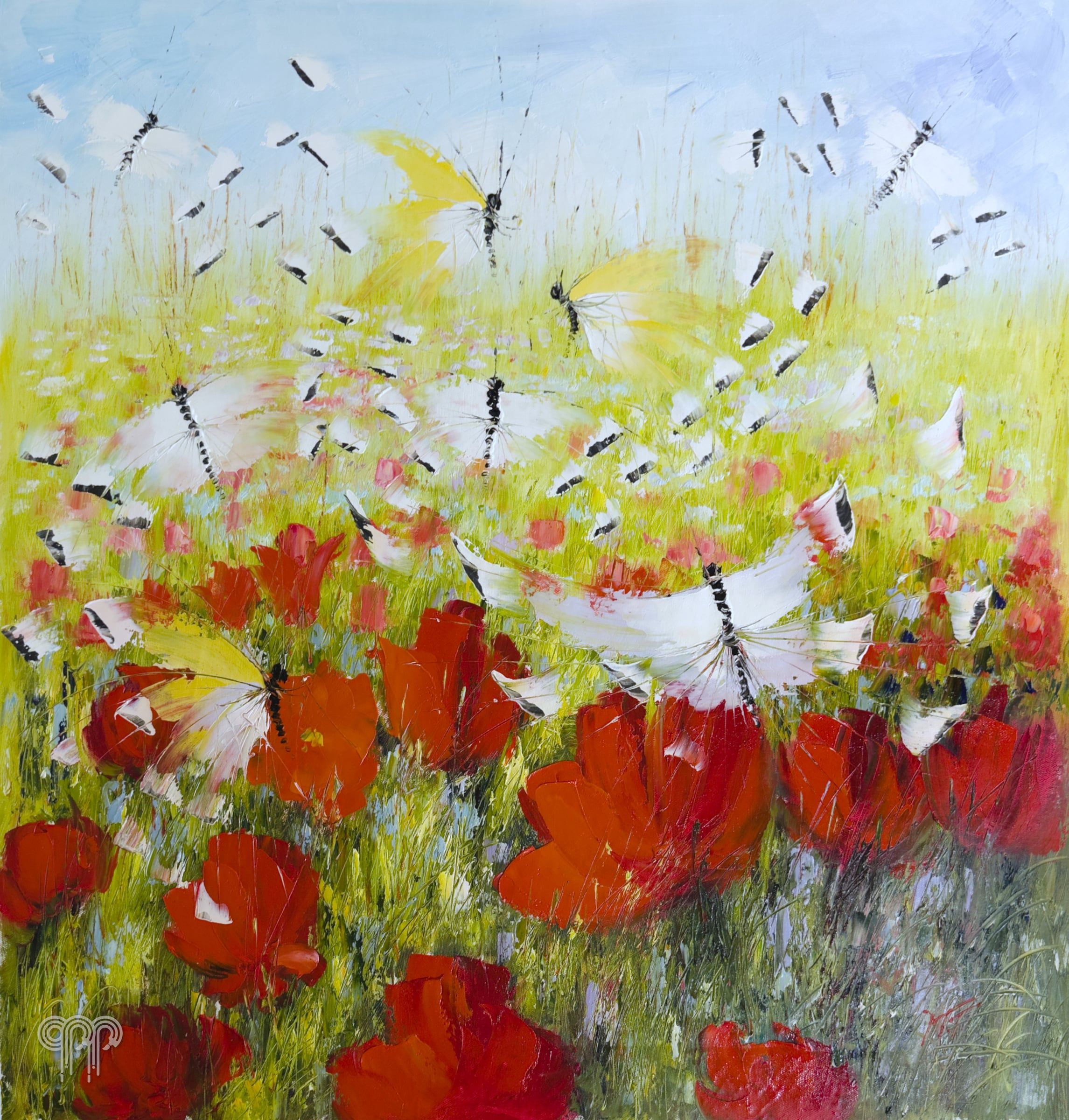 Ölgemälde Libellen und Mohn - sommerliches Blumenbild, helles Bild fürs Wohnzimmer, großes Bild fürs Schlafzimmer, Mohn auf der Wiese, weiße Libellen, heller Hintergrund, 90 x 90 cm