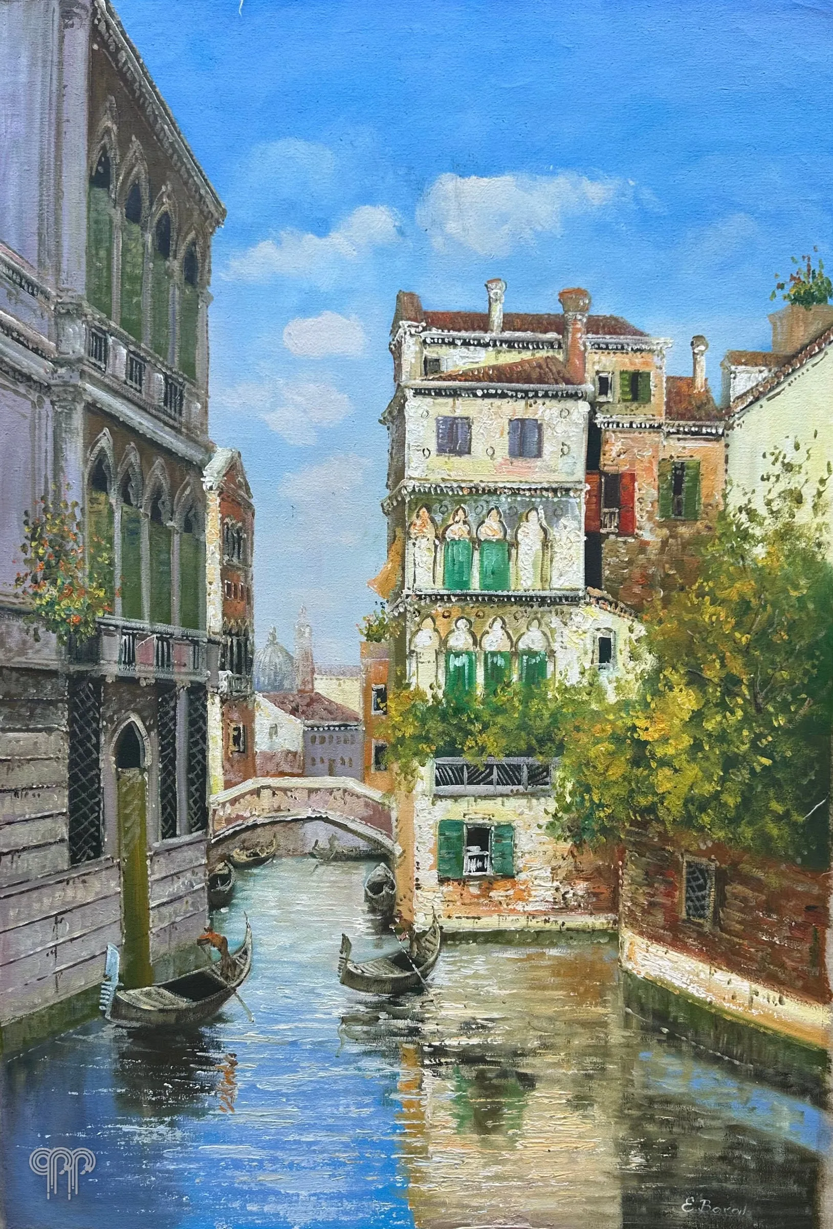 Ölgemälde Venedig II - venezianischer Kanal mit Gondeln, alte Häuser und kleine Brücke, blauer Himmel, realistisches Ölgemälde, 60 x 90 cm